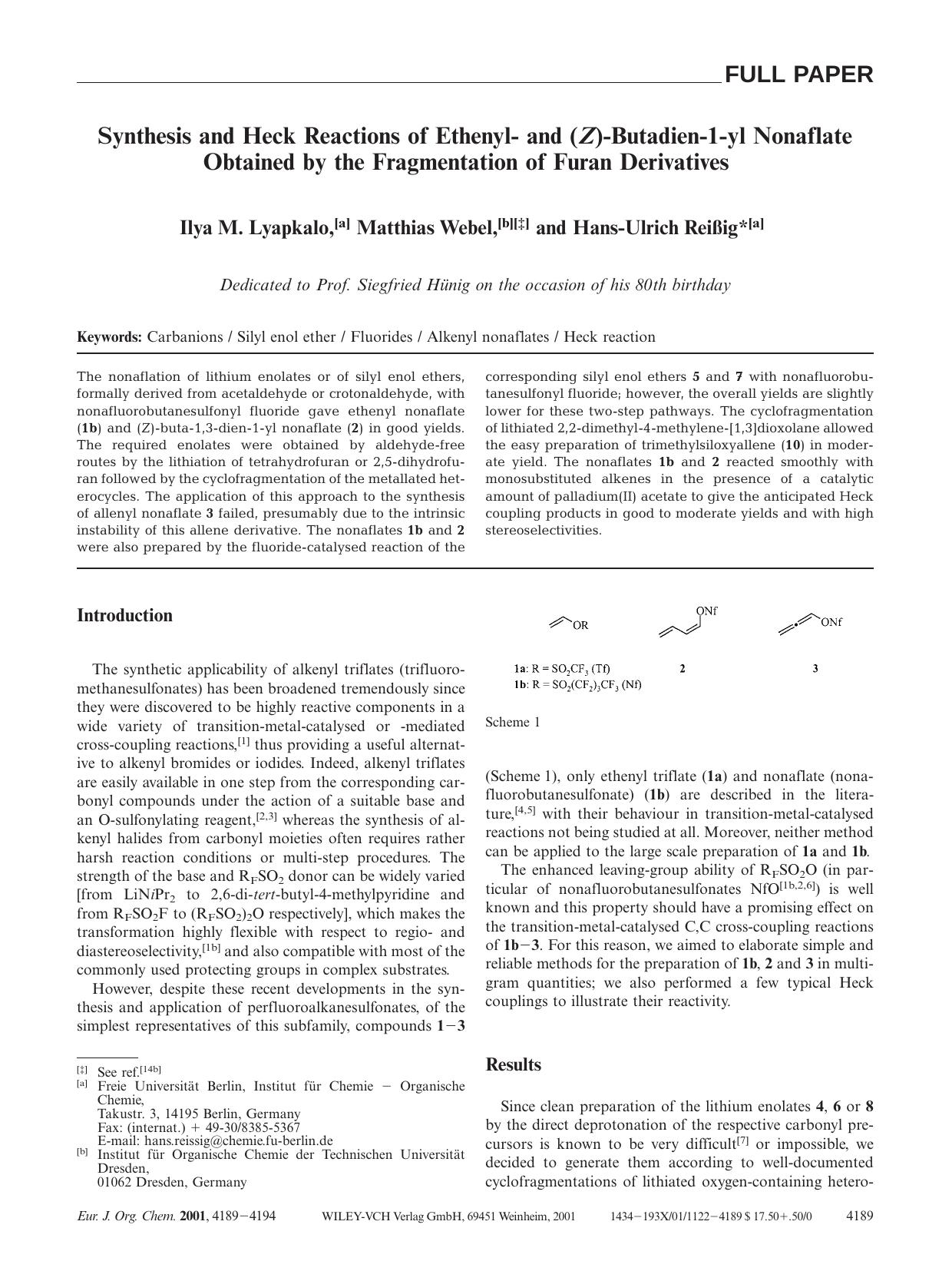 Synthesis and Heck Reactions of Ethenyl- and (Z)-Butadien-1-yl Nonaflate Obtained by the Fragmentation of Furan Derivatives by Unknown