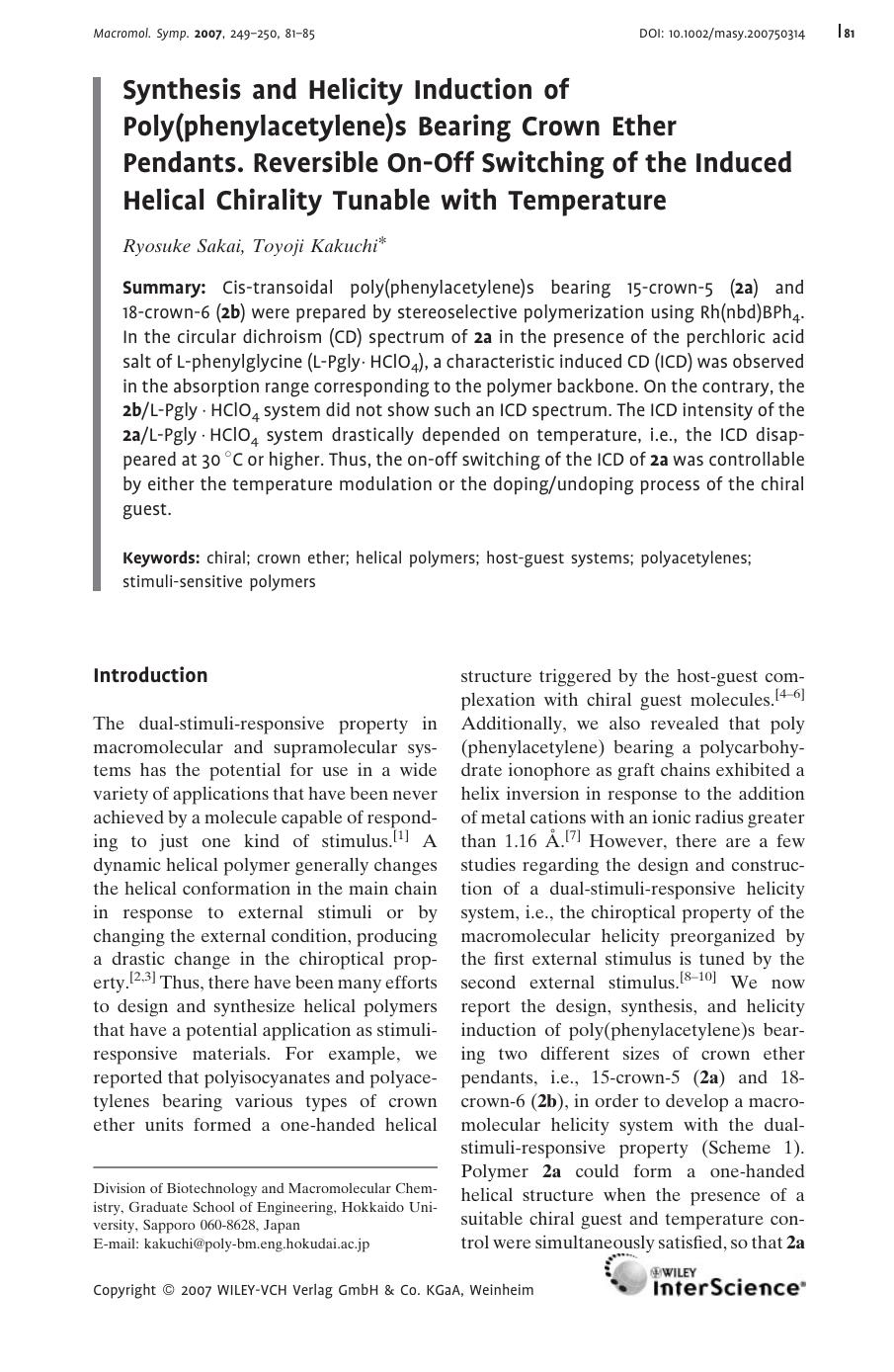 Synthesis and Helicity Induction of Poly(phenylacetylene)s Bearing Crown Ether Pendants. Reversible On-Off Switching of the Induced Helical Chirality Tunable with Temperature by Unknown