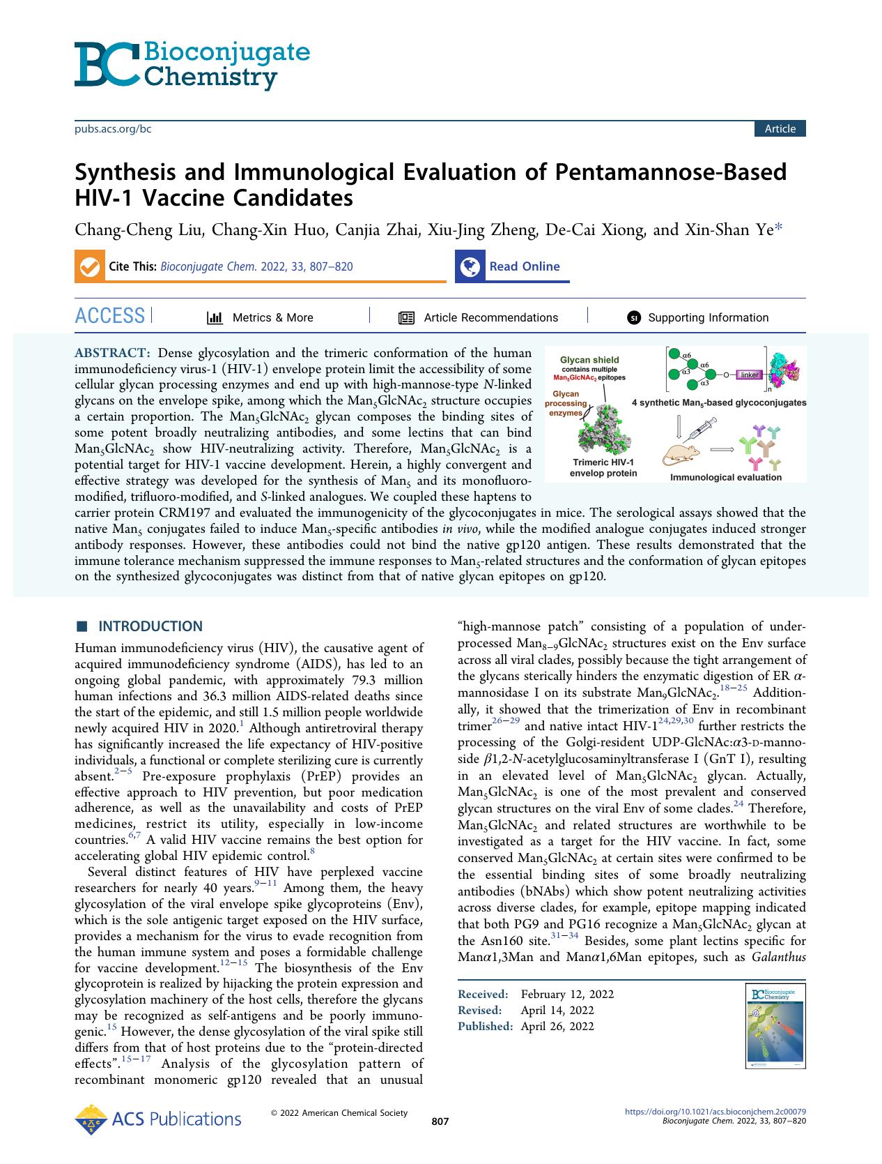 Synthesis and Immunological Evaluation of Pentamannose-Based HIV-1 Vaccine Candidates by Chang-Cheng Liu Chang-Xin Huo Canjia Zhai Xiu-Jing Zheng De-Cai Xiong and Xin-Shan Ye