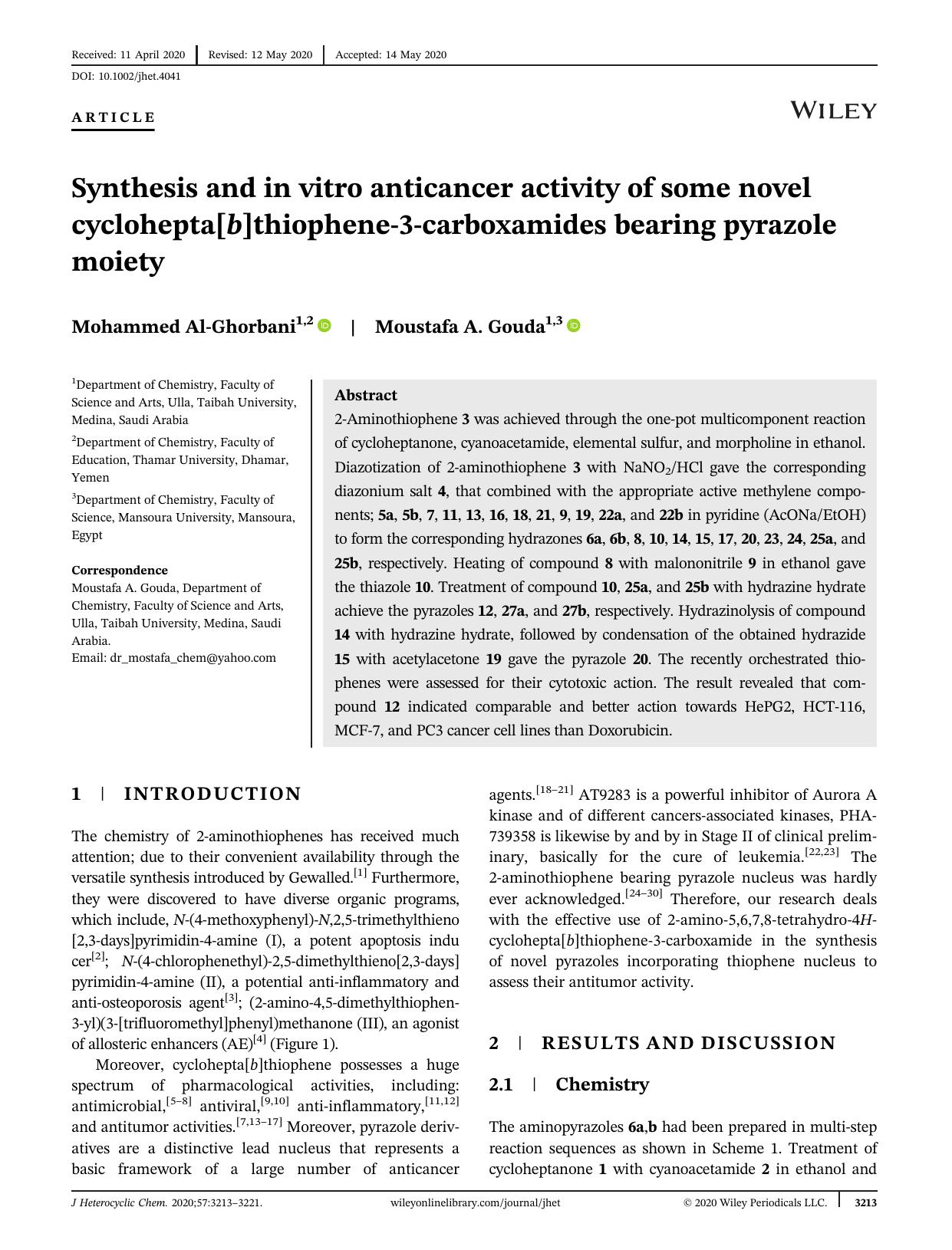 Synthesis and In Vitro Anticancer Activity of Some Novel Cyclohepta[b]thiophene-3-carboxamides Bearing Pyrazole Moiety by Unknown