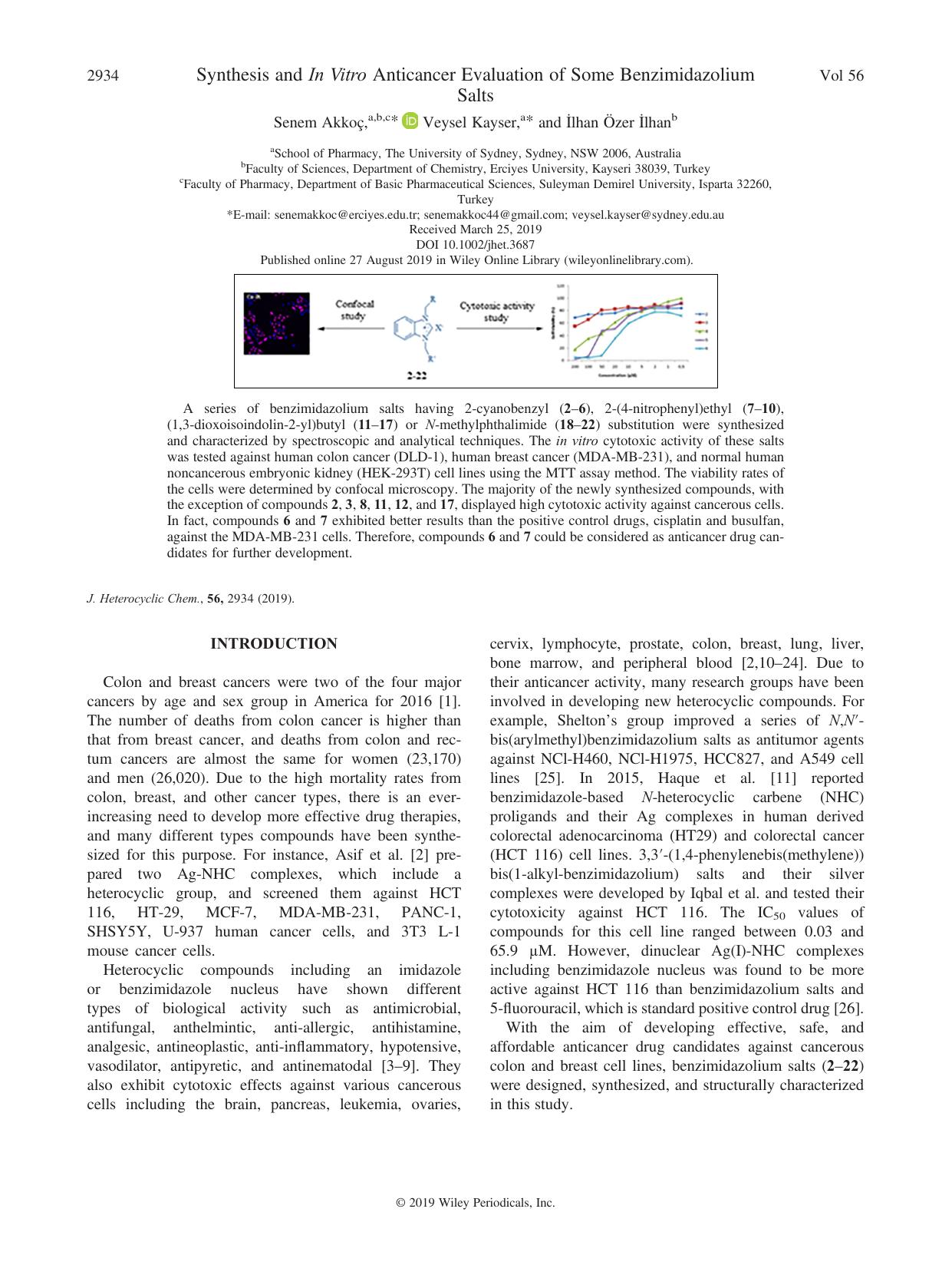 Synthesis and In Vitro Anticancer Evaluation of Some Benzimidazolium Salts by Senem Akkoç Veysel Kayser İlhan Özer İlhan