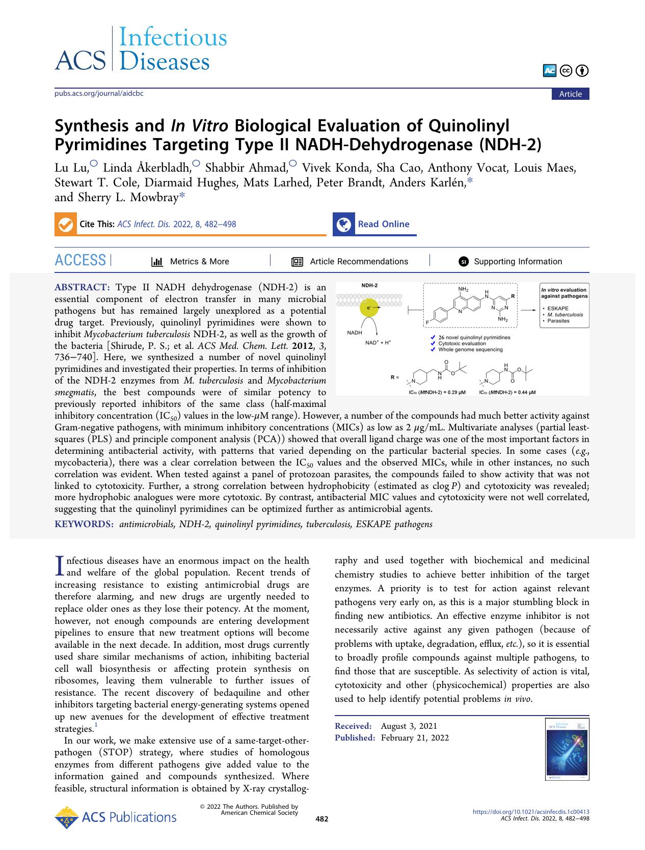 Synthesis and In Vitro Biological Evaluation of Quinolinyl Pyrimidines Targeting Type II NADH-Dehydrogenase (NDH-2) by unknow