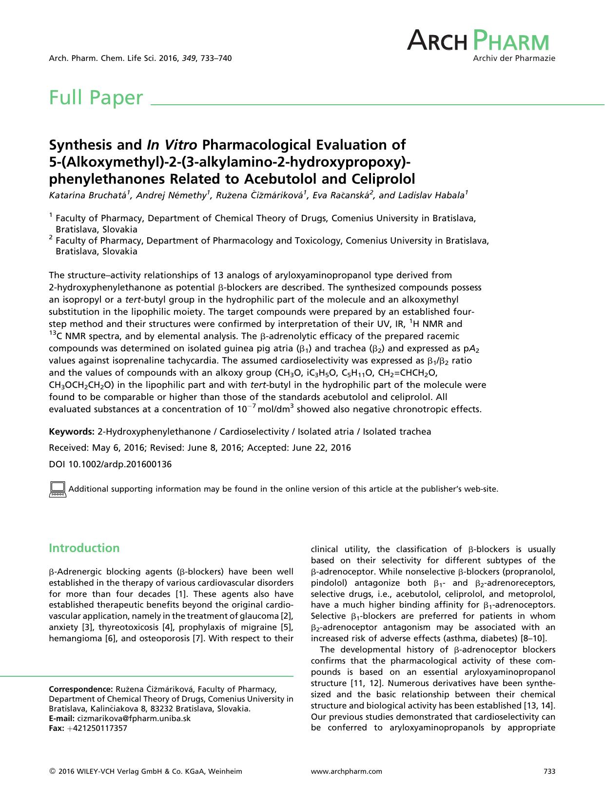 Synthesis and In Vitro Pharmacological Evaluation of 5-(Alkoxymethyl)-2-(3-alkylamino-2-hydroxypropoxy)phenylethanones Related to Acebutolol and Celiprolol by Unknown