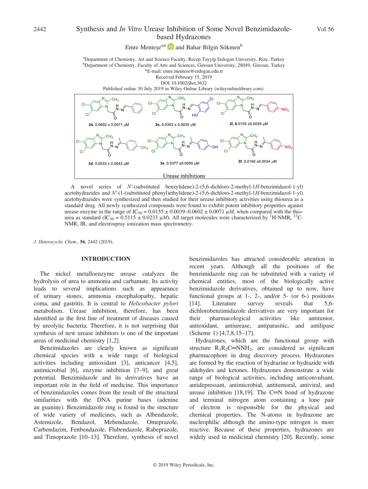 Synthesis and In Vitro Urease Inhibition of Some Novel Benzimidazole-based Hydrazones by Emre Menteşe & Bahar Bilgin Sökmen
