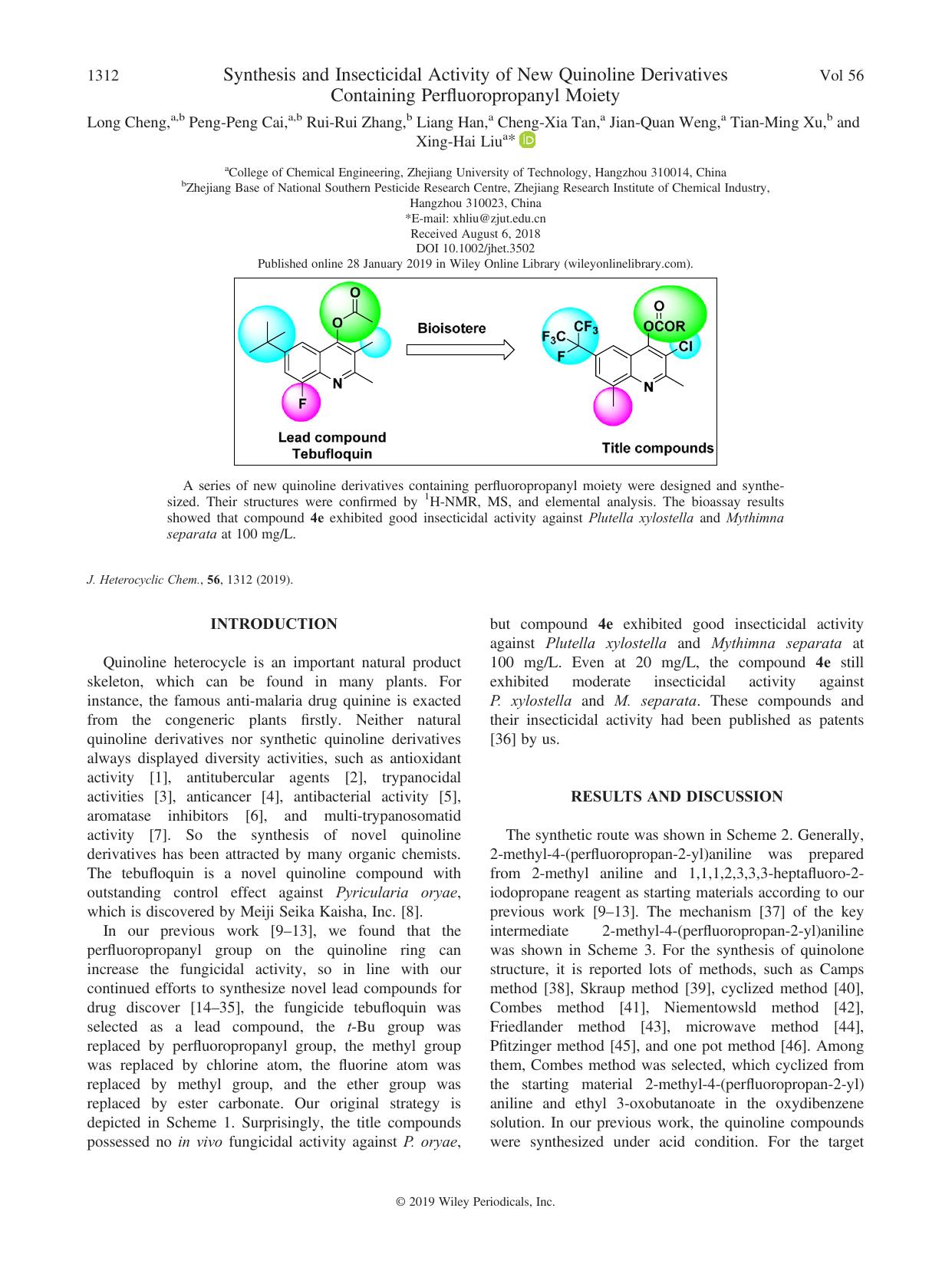 Synthesis and Insecticidal Activity of New Quinoline Derivatives Containing Perfluoropropanyl Moiety by unknow