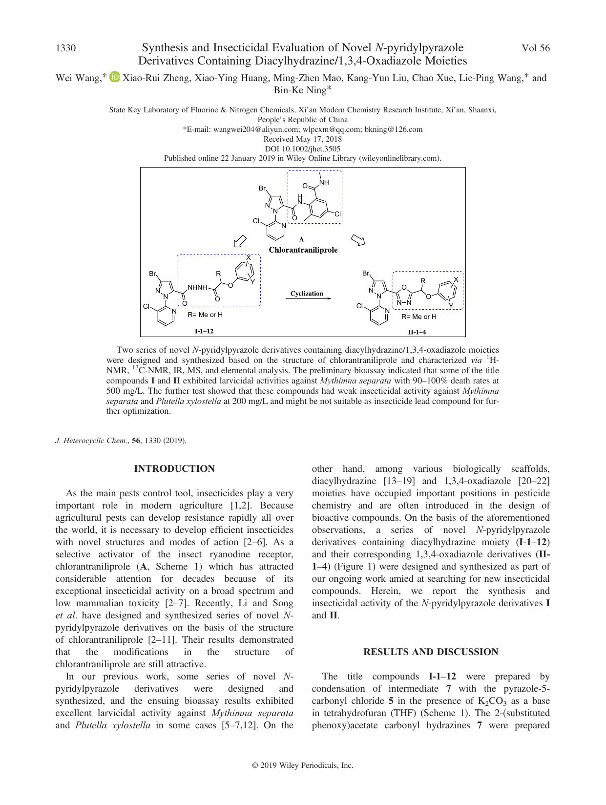 Synthesis and Insecticidal Evaluation of Novel N-pyridylpyrazole Derivatives Containing Diacylhydrazine1,3,4-Oxadiazole Moieties by unknow