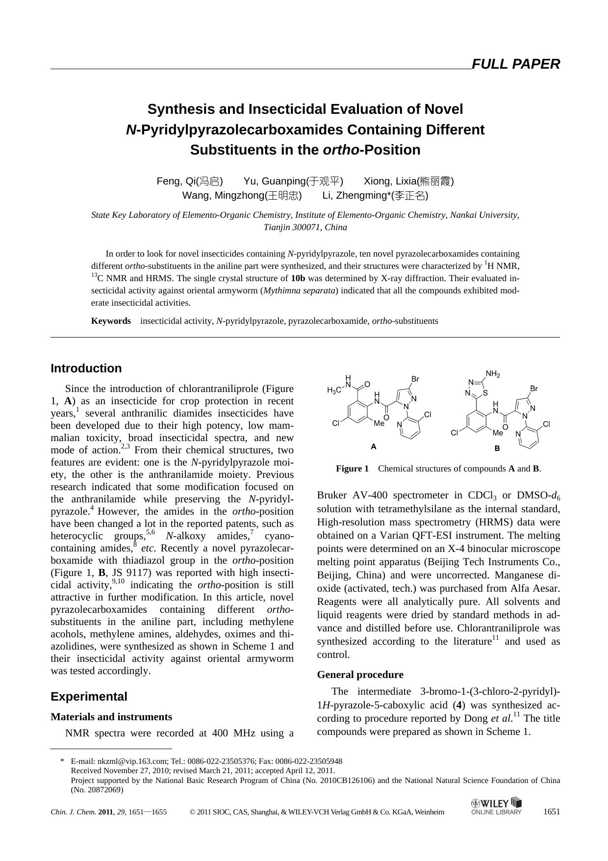 Synthesis and Insecticidal Evaluation of Novel NPyridylpyrazolecarboxamides Containing Different Substituents in the orthoPosition by uy