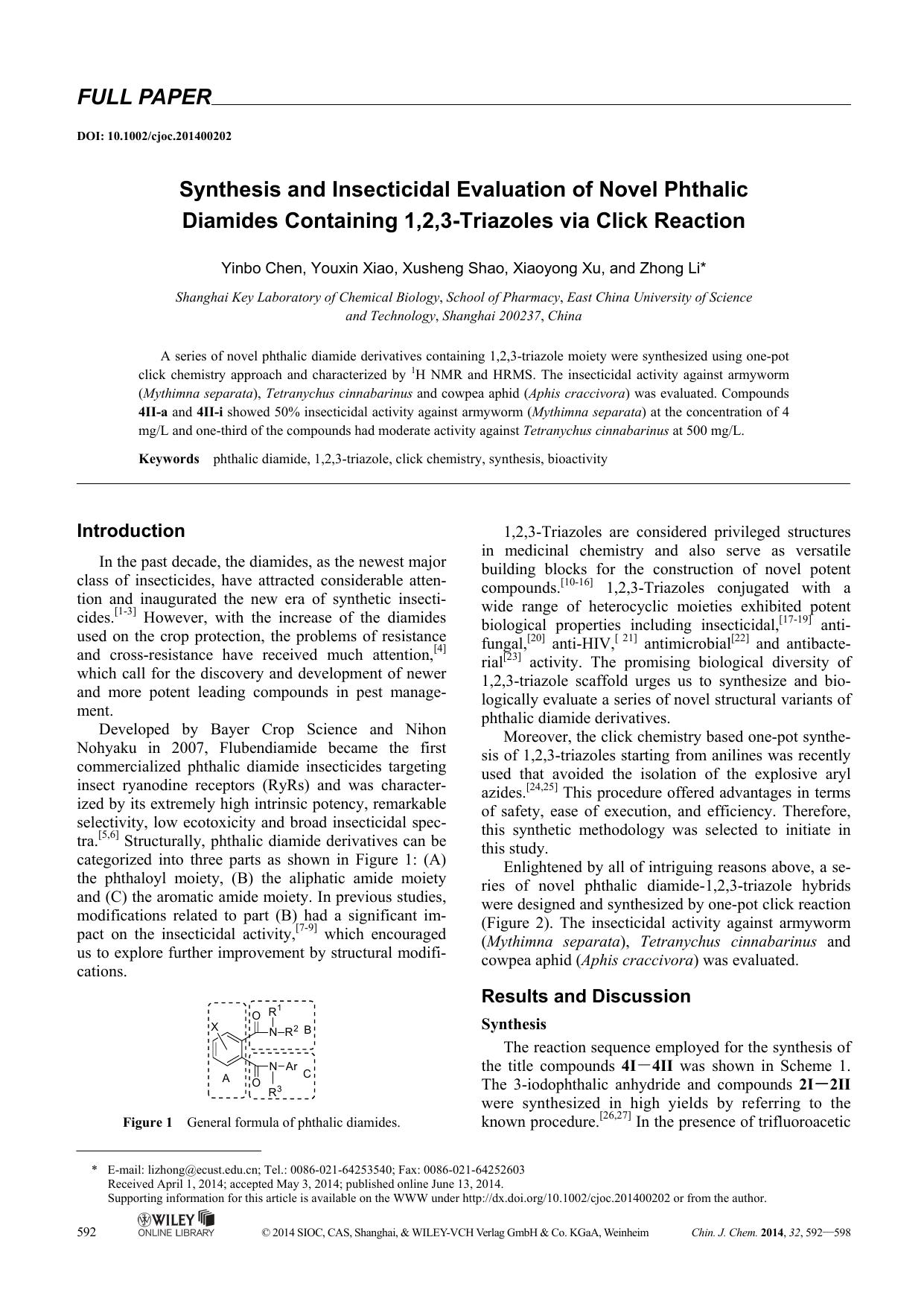 Synthesis and Insecticidal Evaluation of Novel Phthalic Diamides Containing 1,2,3Triazoles via Click Reaction by kxk1