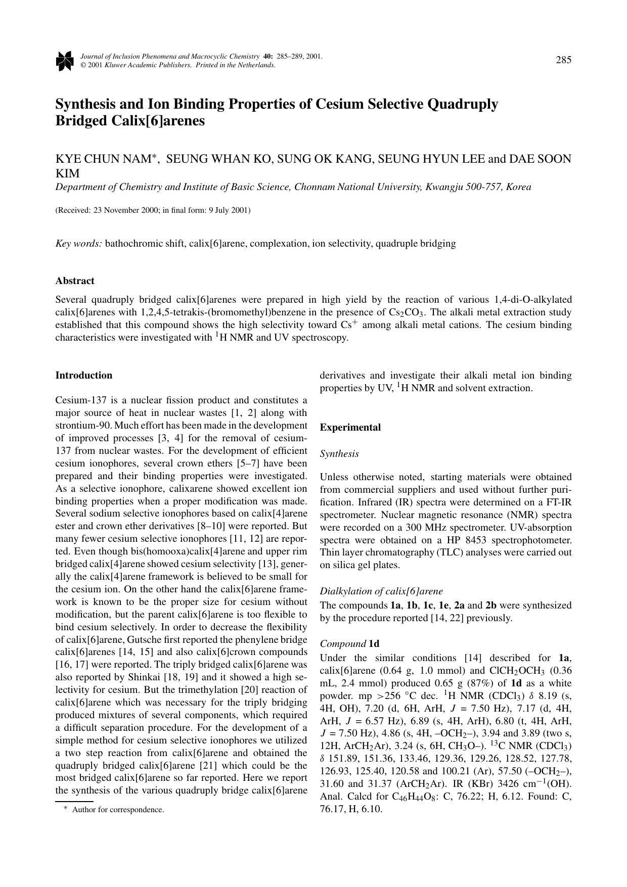 Synthesis and Ion Binding Properties of Cesium Selective Quadruply Bridged Calix[6]arenes by Unknown