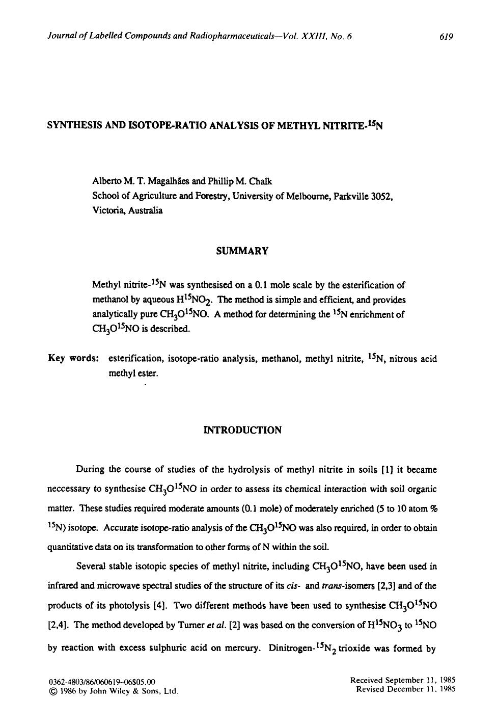 Synthesis and Isotope ratio analysis of methyl nitrite-15N by Unknown