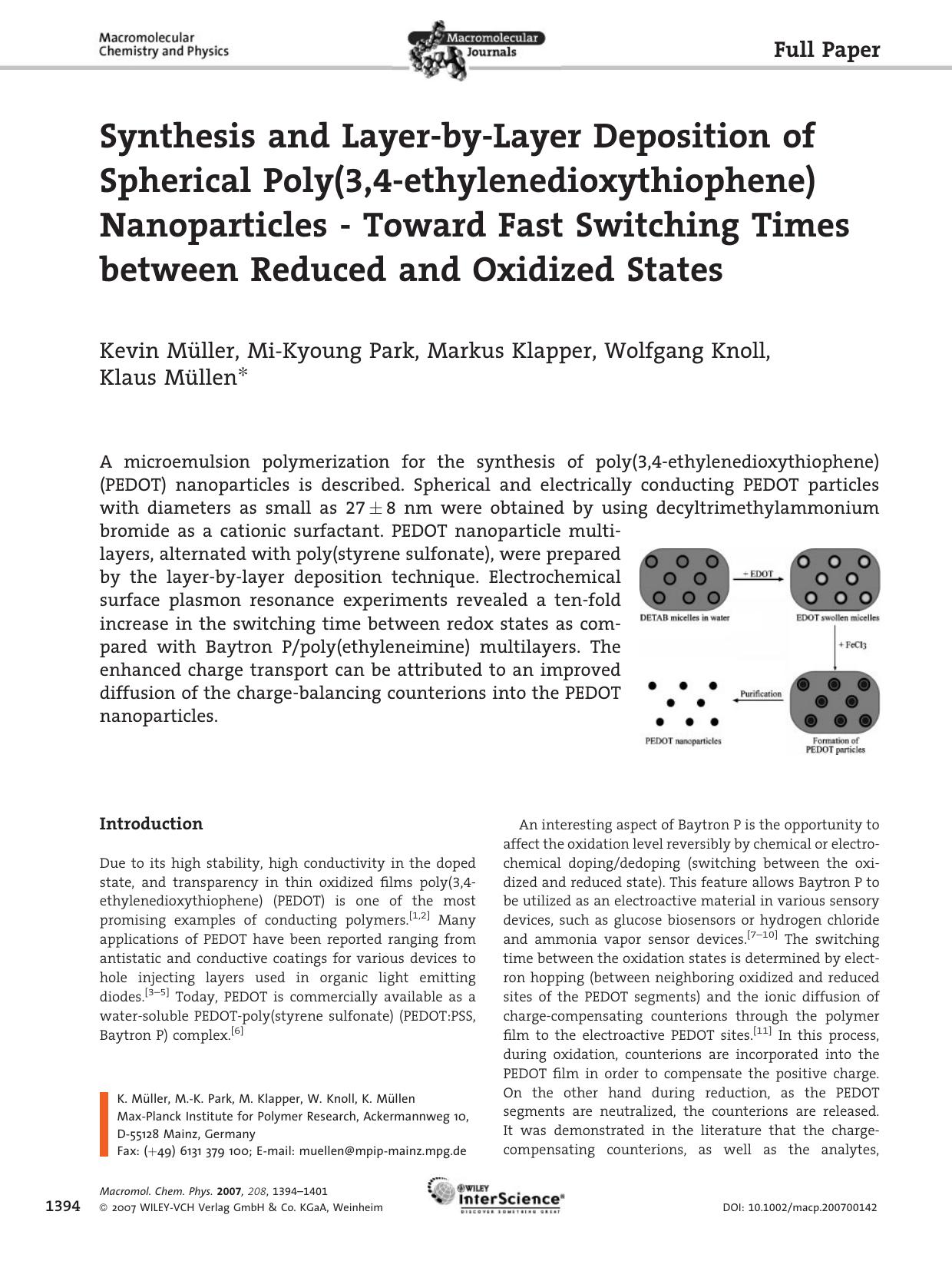 Synthesis and Layer-by-Layer Deposition of Spherical Poly(3,4-ethylenedioxythiophene) Nanoparticles - Toward Fast Switching Times between Reduced and Oxidized States by Unknown