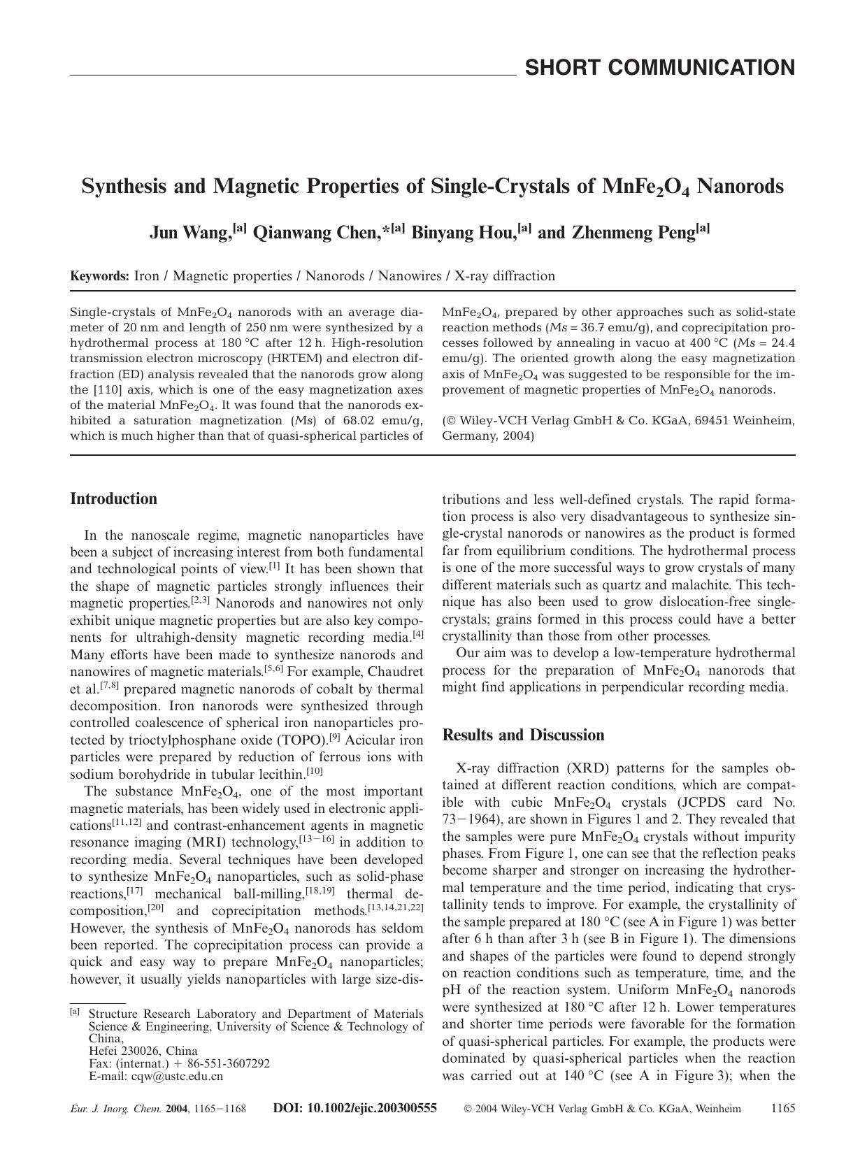 Synthesis and Magnetic Properties of Single-Crystals of MnFe2O4 Nanorods by Unknown