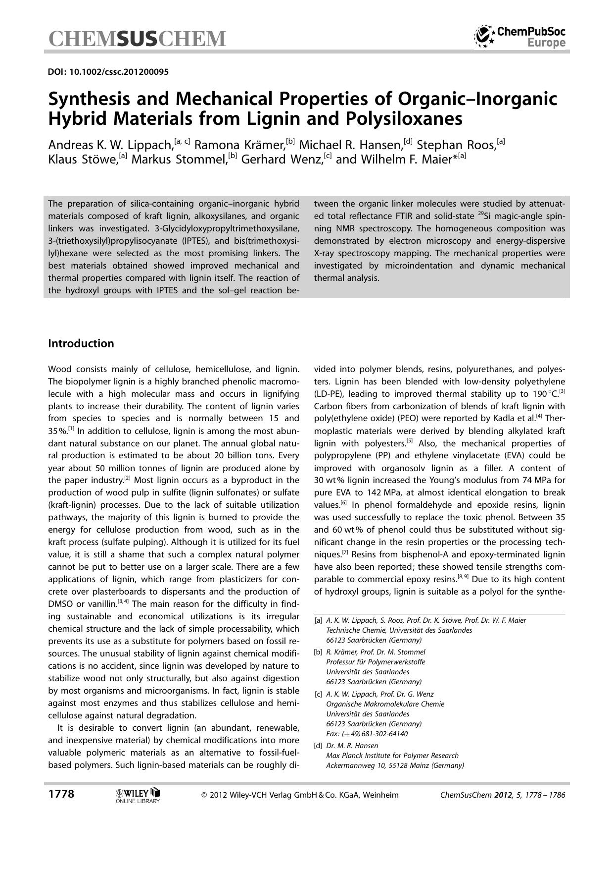 Synthesis and Mechanical Properties of OrganicInorganic Hybrid Materials from Lignin and Polysiloxanes by Unknown