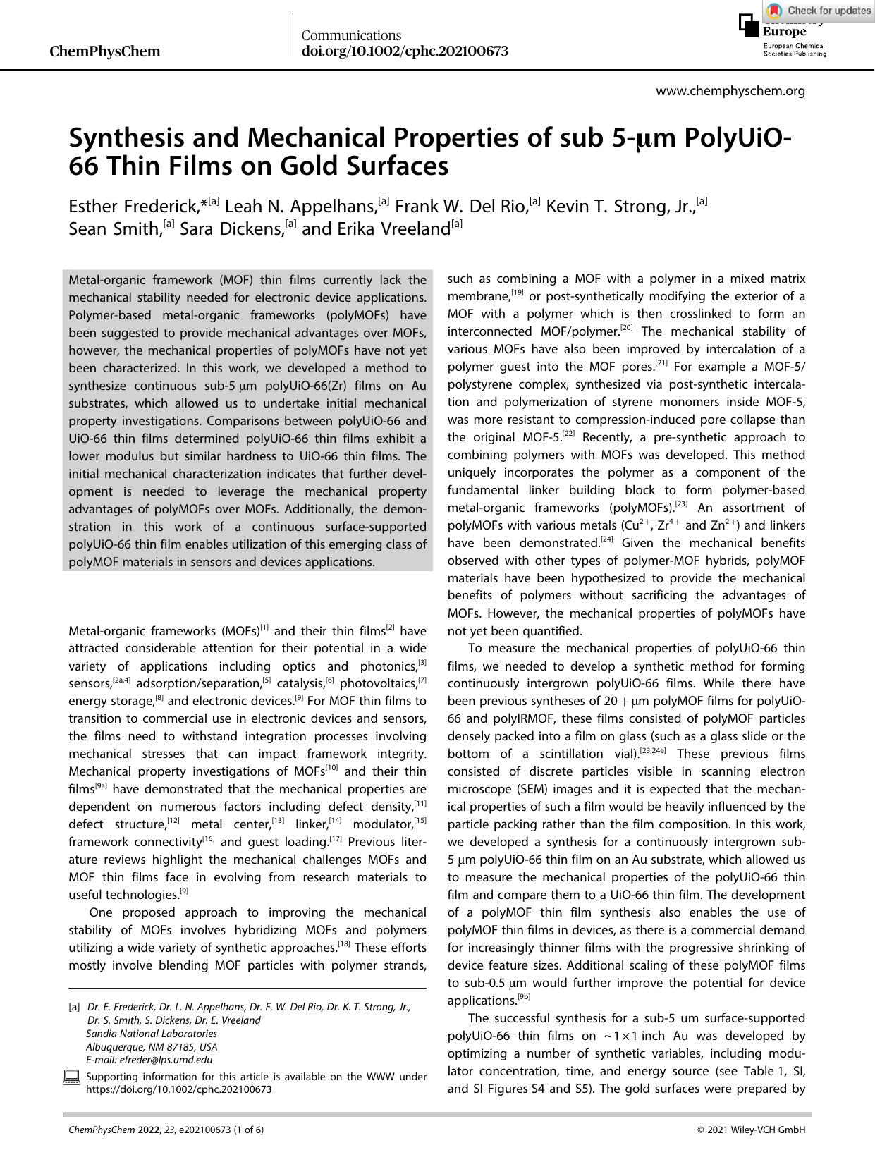 Synthesis and Mechanical Properties of sub 5âÎ¼m PolyUiOâ66 Thin Films on Gold Surfaces by Unknown