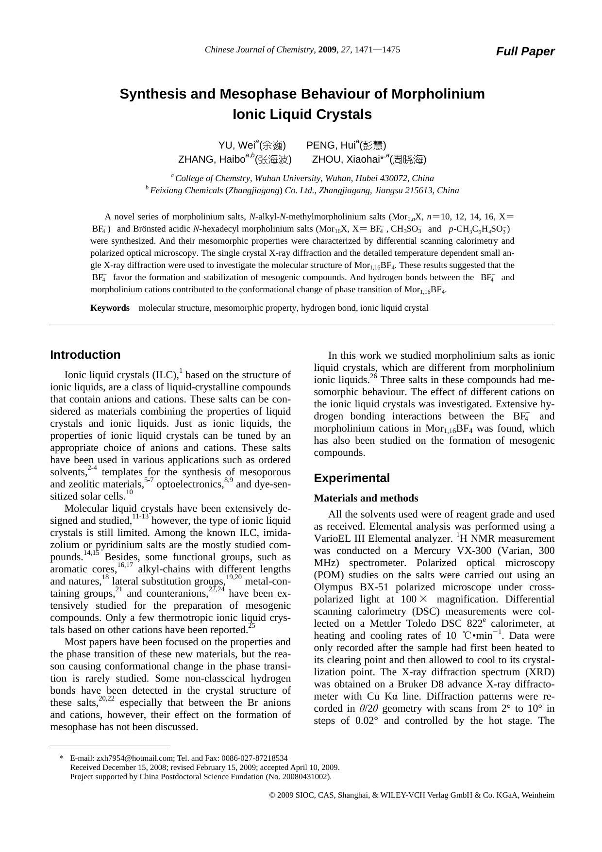 Synthesis and Mesophase Behaviour of Morpholinium Ionic Liquid Crystals by uy