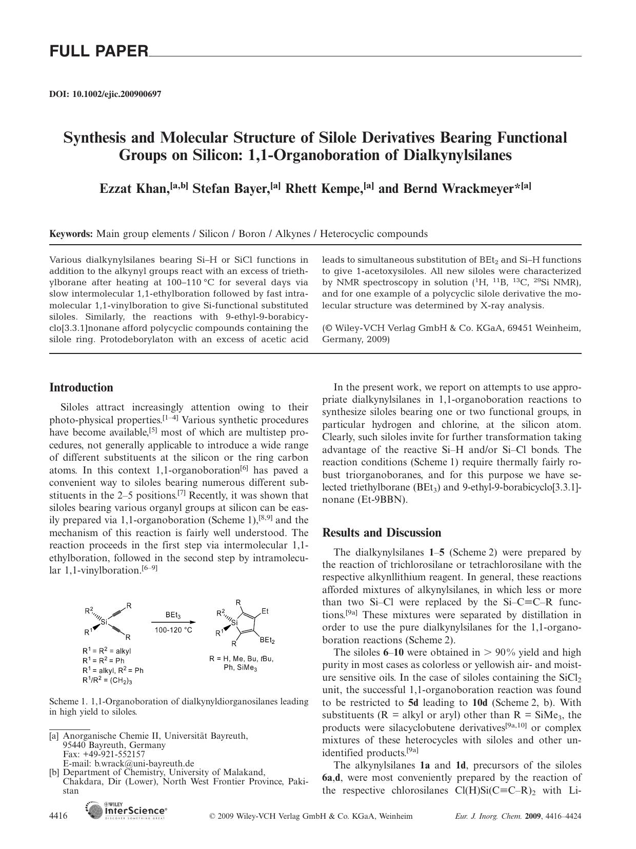 Synthesis and Molecular Structure of Silole Derivatives Bearing Functional Groups on Silicon: 1,1-Organoboration of Dialkynylsilanes by Unknown