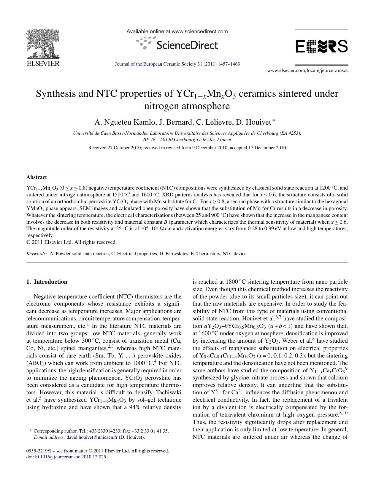 Synthesis and NTC properties of YCr1Ã¢ËâxMnxO3 ceramics sintered under nitrogen atmosphere by A. Ngueteu Kamlo