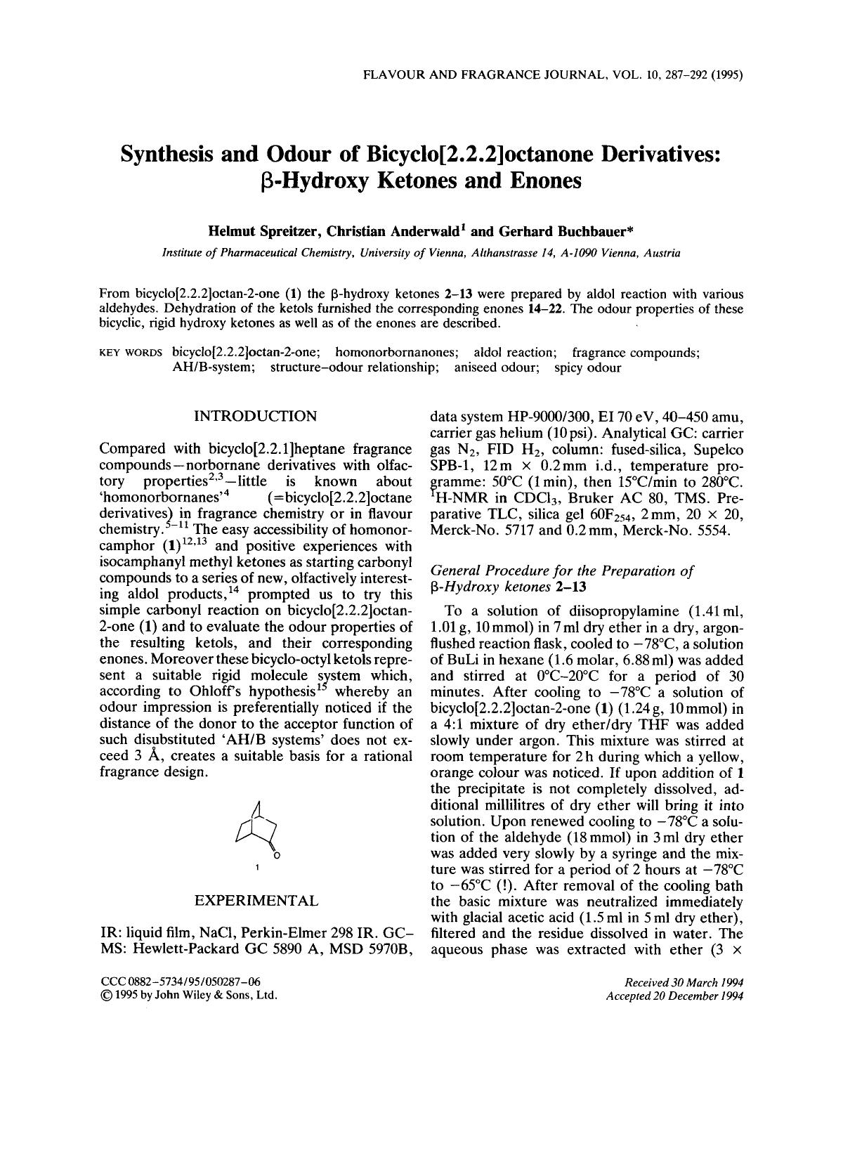 Synthesis and Odour of Bicyclo[2.2.2]octanone Derivatives: [beta]-Hydroxy Ketones and Enones by Unknown