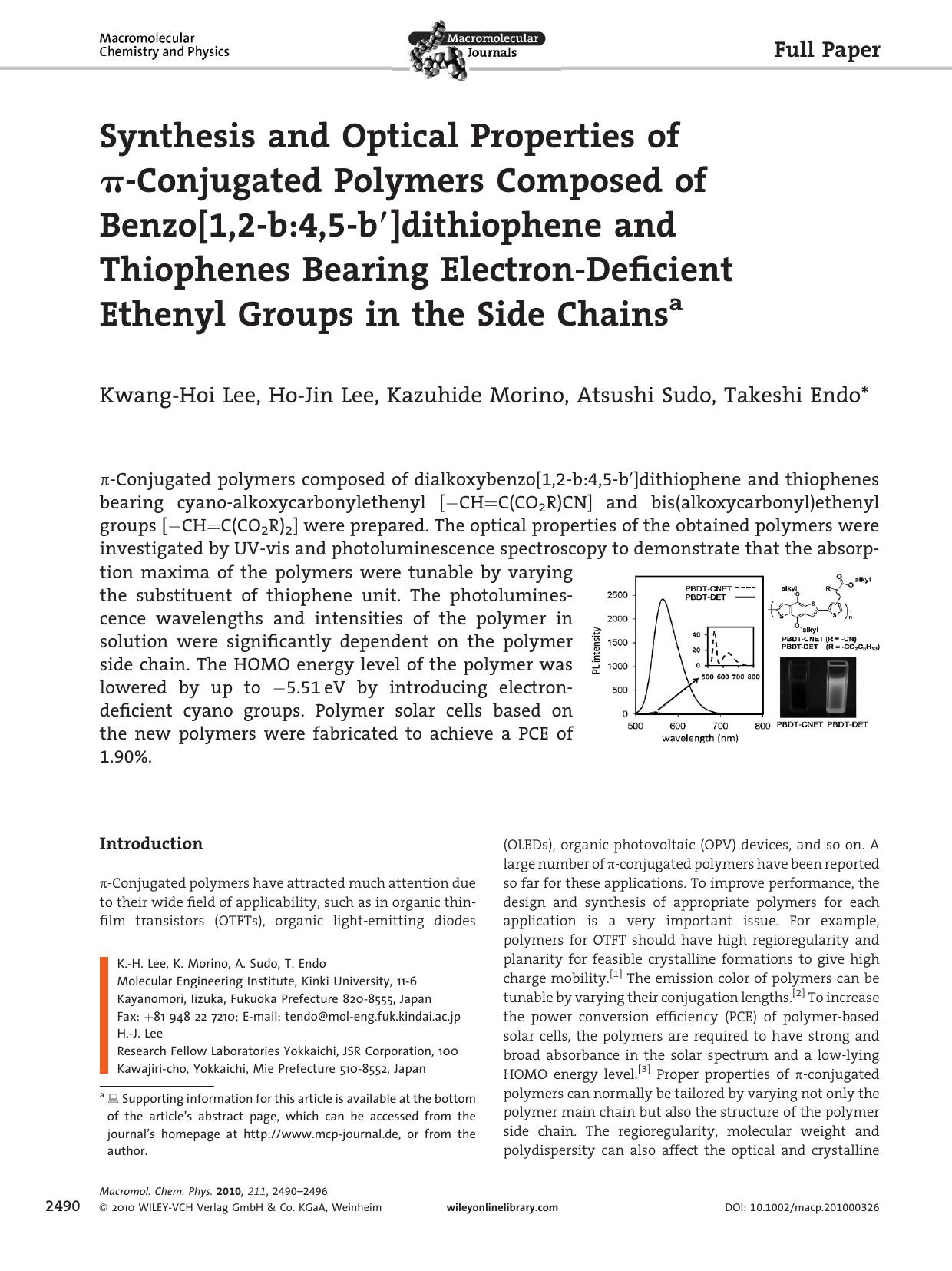 Synthesis and Optical Properties of Conjugated Polymers Composed of Benzo[1,2b:4,5b]dithiophene and Thiophenes Bearing ElectronDeficient Ethenyl Groups in the Side Chains by Unknown