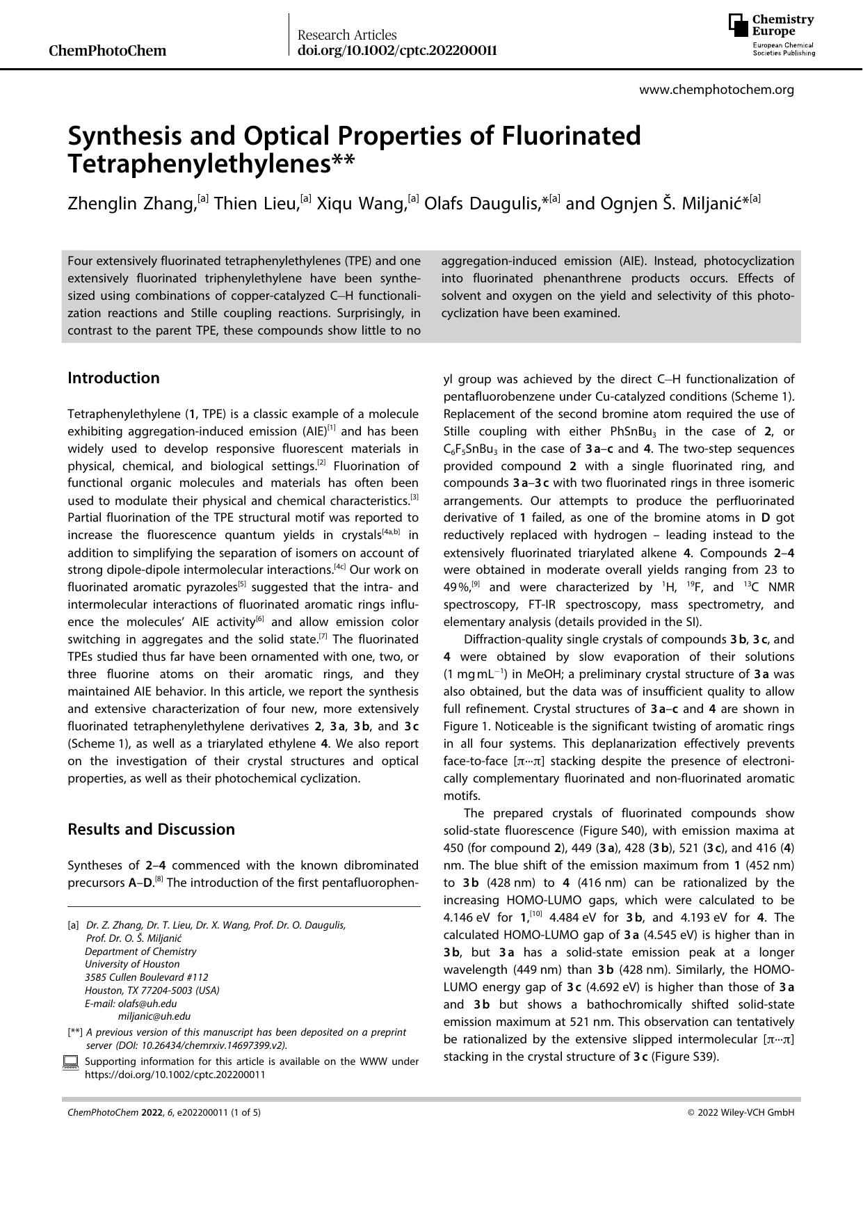 Synthesis and Optical Properties of Fluorinated Tetraphenylethylenes by Unknown
