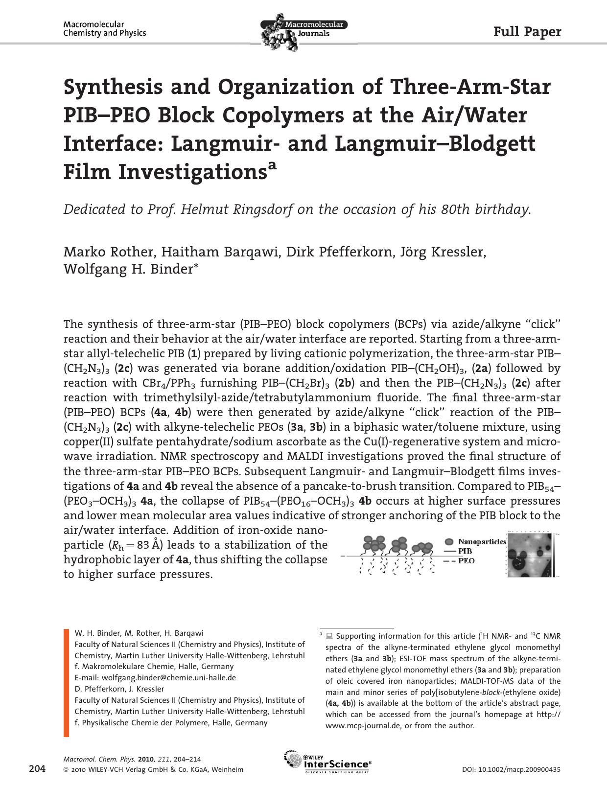 Synthesis and Organization of Three-Arm-Star PIB-PEO Block Copolymers at the AirWater Interface: Langmuir- and Langmuir-Blodgett Film Investigations by Unknown