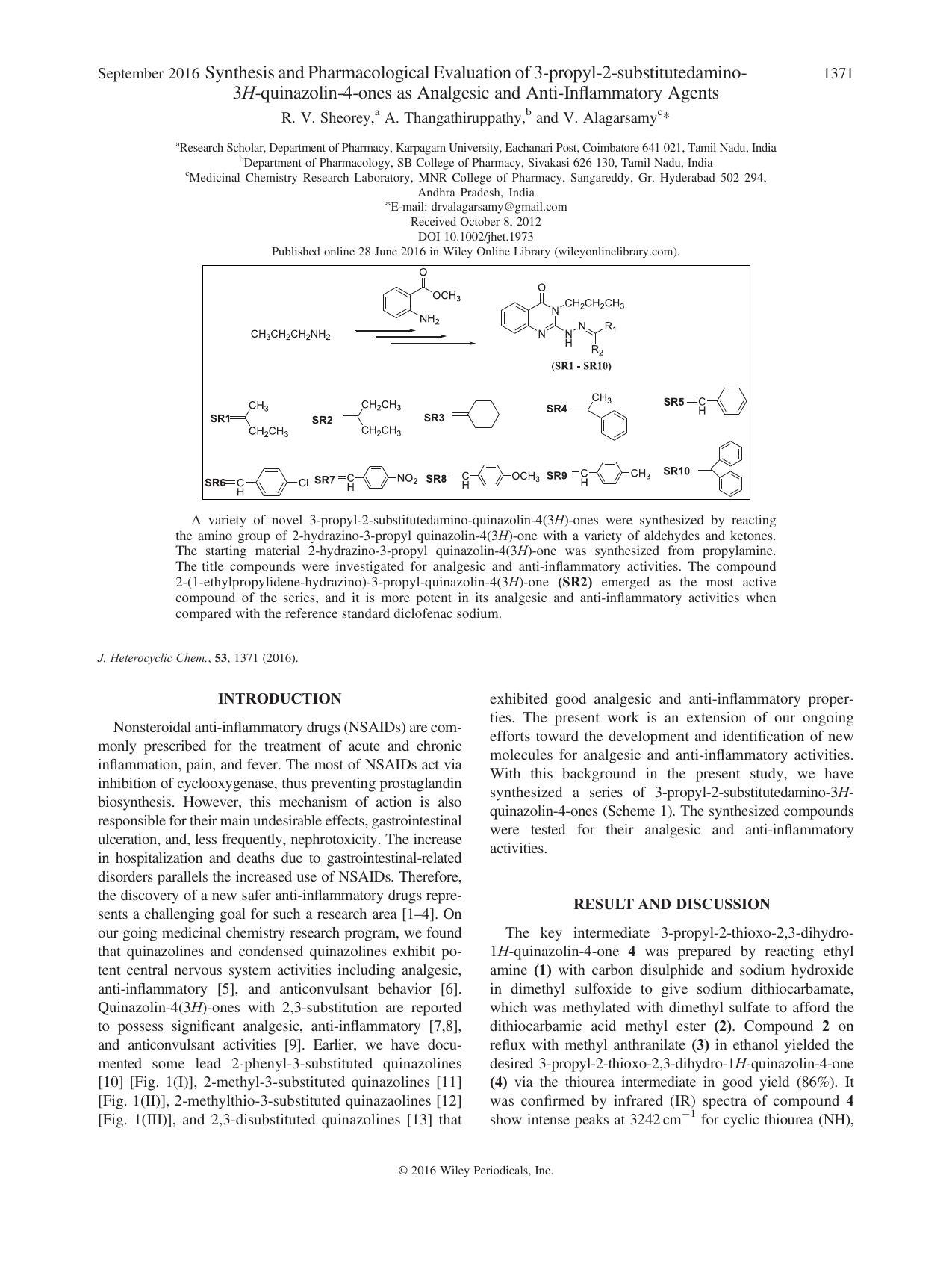 Synthesis and Pharmacological Evaluation of 3-propyl-2-substitutedamino-3H-quinazolin-4-ones as Analgesic and Anti-Inflammatory Agents by R. V. Sheorey A. Thangathiruppathy V. Alagarsamy