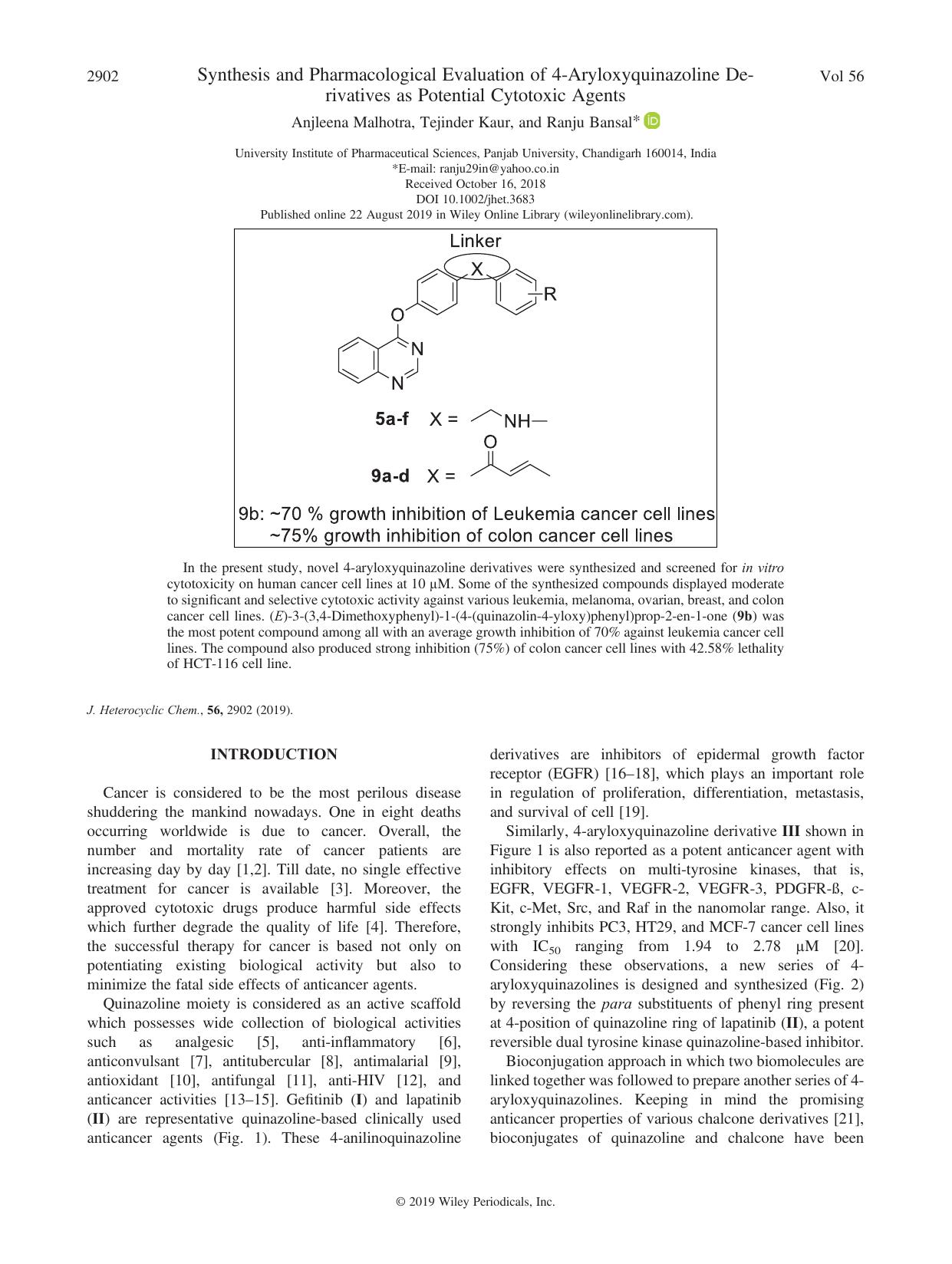 Synthesis and Pharmacological Evaluation of 4âAryloxyquinazoline Derivatives as Potential Cytotoxic Agents by Anjleena Malhotra Tejinder Kaur Ranju Bansal