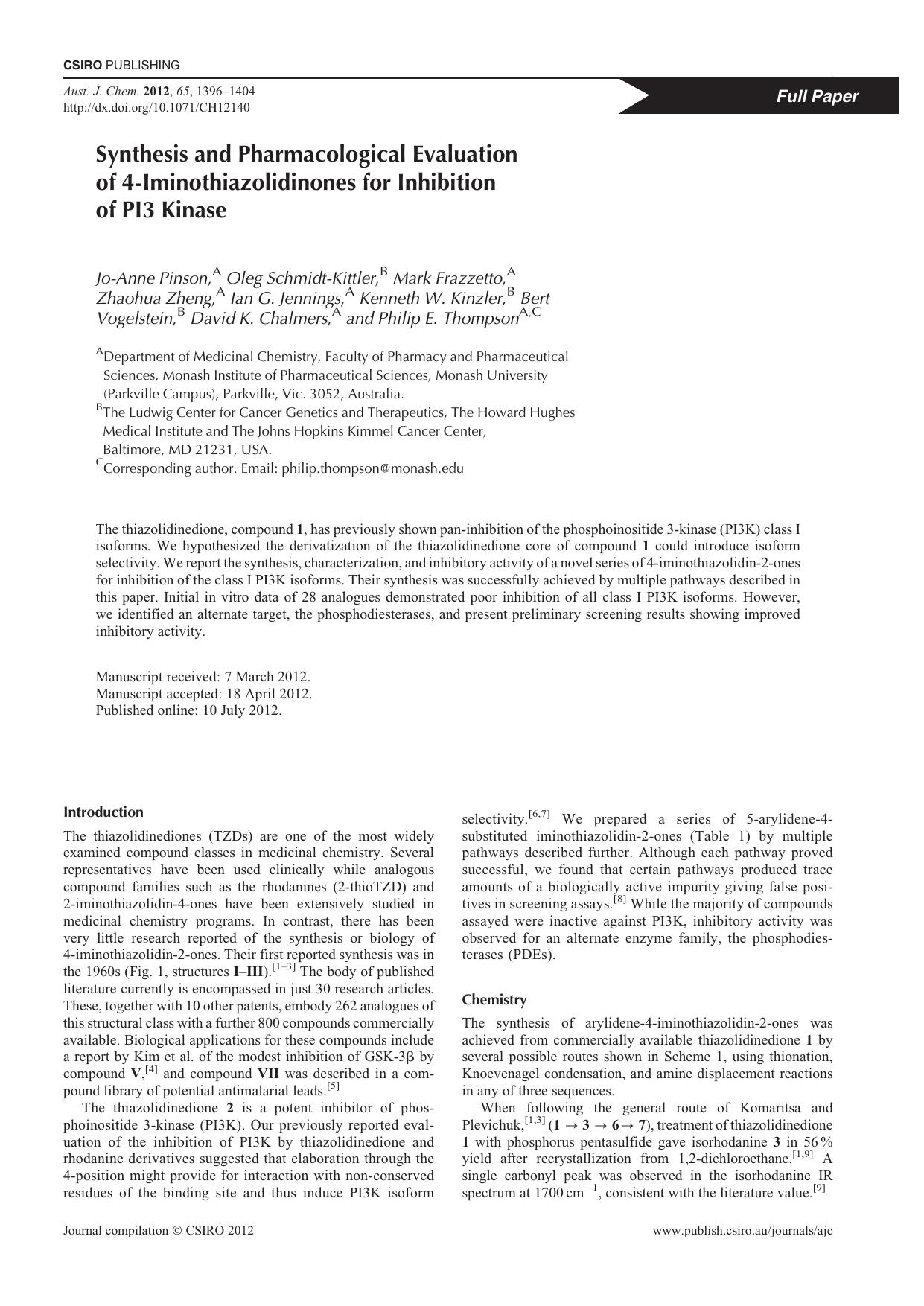 Synthesis and Pharmacological Evaluation of 4-Iminothiazolidinones for Inhibition of PI3 Kinase by J.-A. Pinson et al