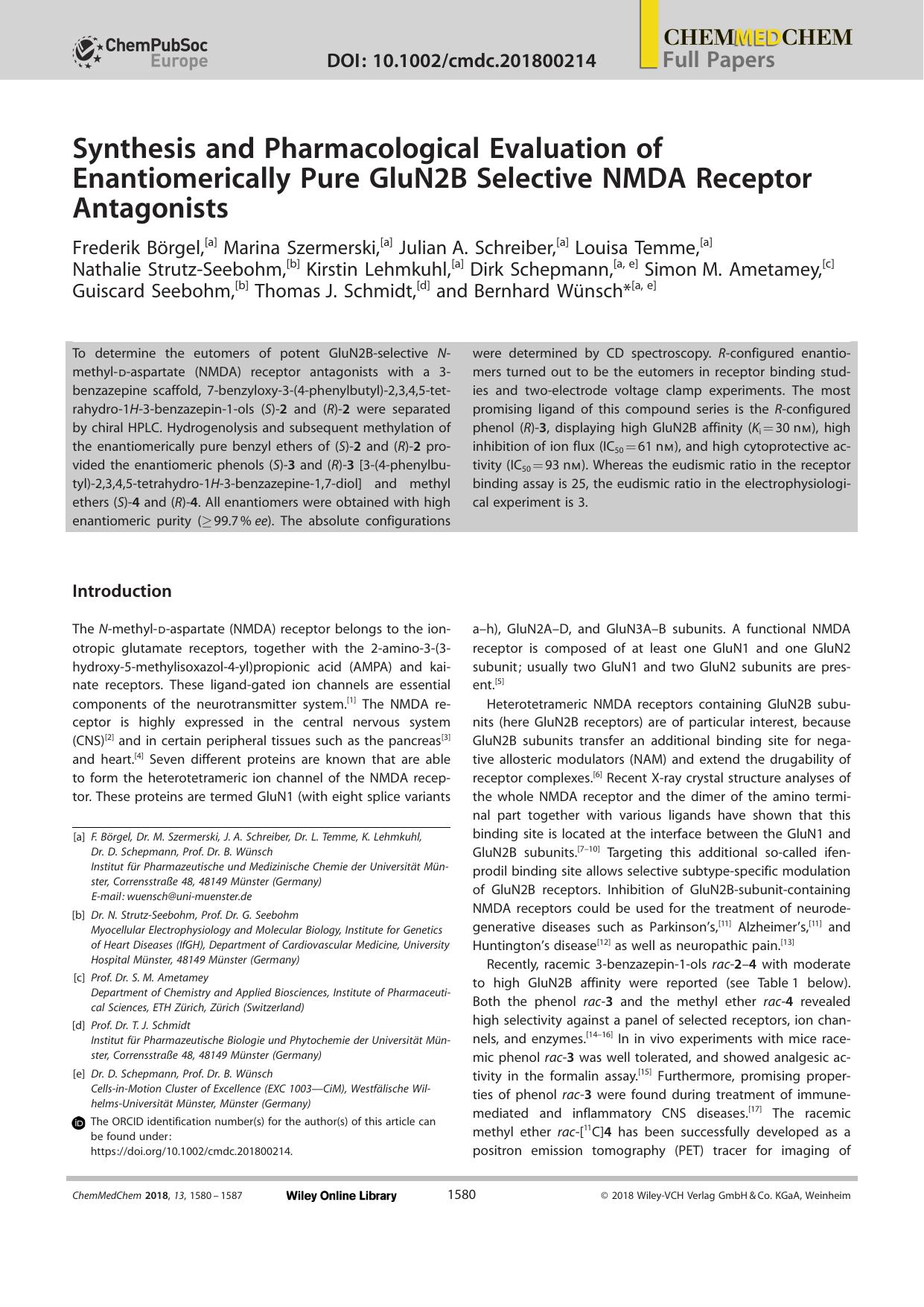 Synthesis and Pharmacological Evaluation of Enantiomerically Pure GluN2B Selective NMDA Receptor Antagonists by Unknown