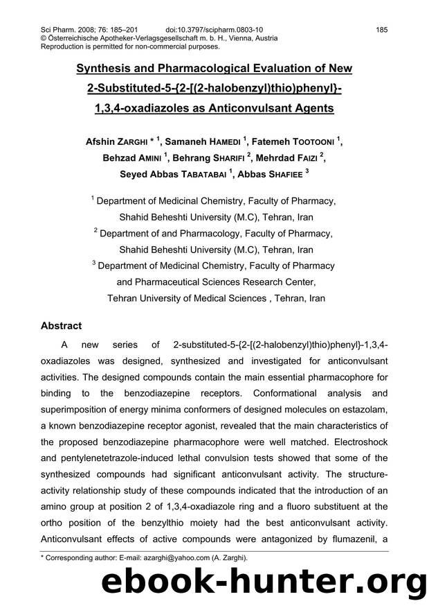 Synthesis and Pharmacological Evaluation of New 2-Substituted-5-{2-[(2-halobenzyl)thio)phenyl}- 1,3,4-oxadiazoles as Anticonvulsant Agents by unknow