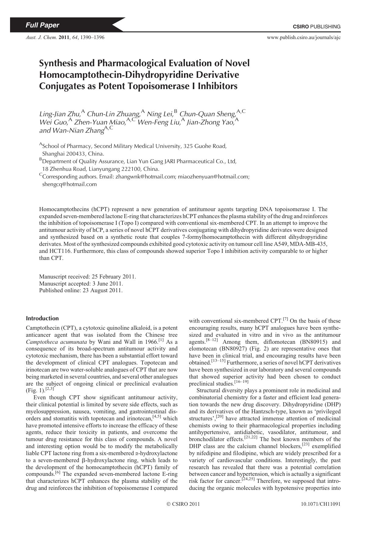 Synthesis and Pharmacological Evaluation of Novel Homocamptothecin-Dihydropyridine Derivative Conjugates as Potent Topoisomerase I Inhibitors by L.-J. Zhu et al