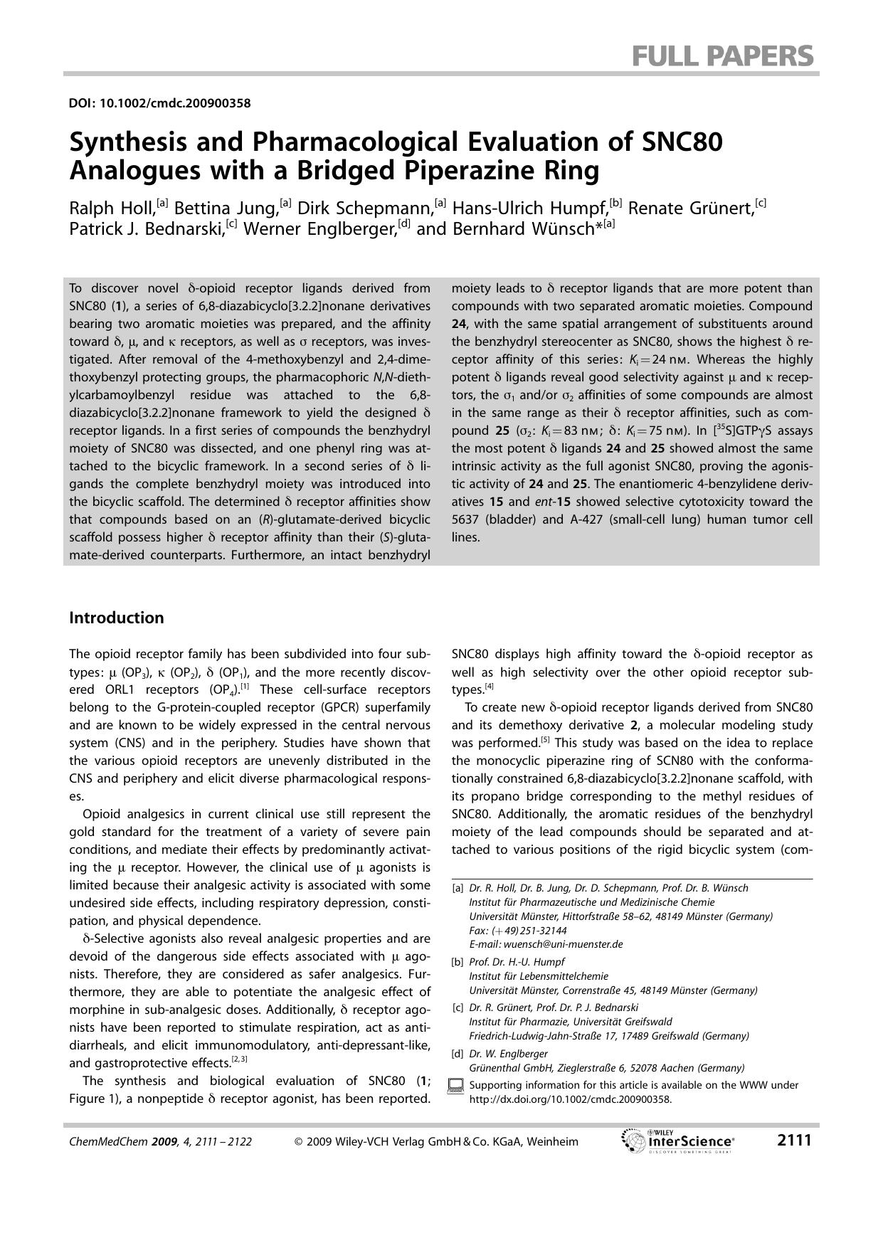 Synthesis and Pharmacological Evaluation of SNC80 Analogues with a Bridged Piperazine Ring by Unknown