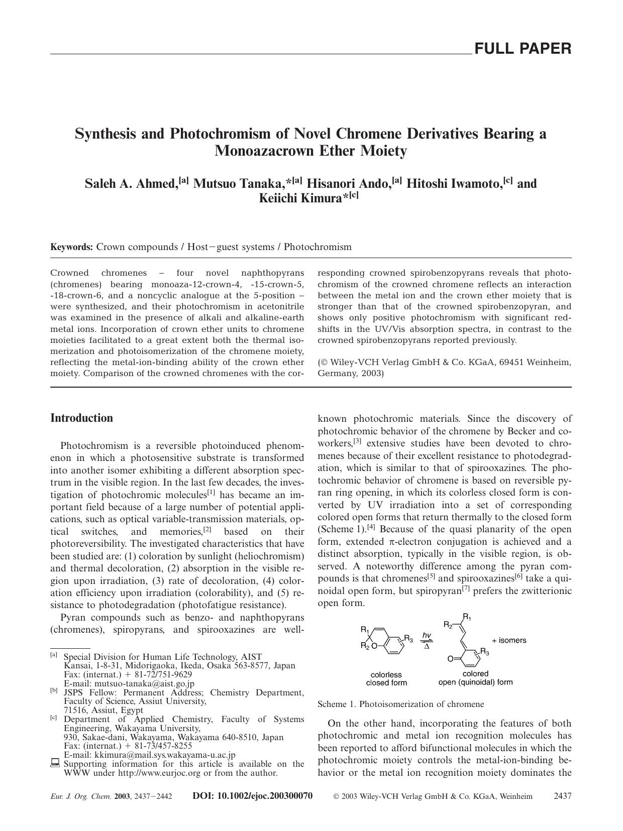 Synthesis and Photochromism of Novel Chromene Derivatives Bearing a Monoazacrown Ether Moiety by Unknown