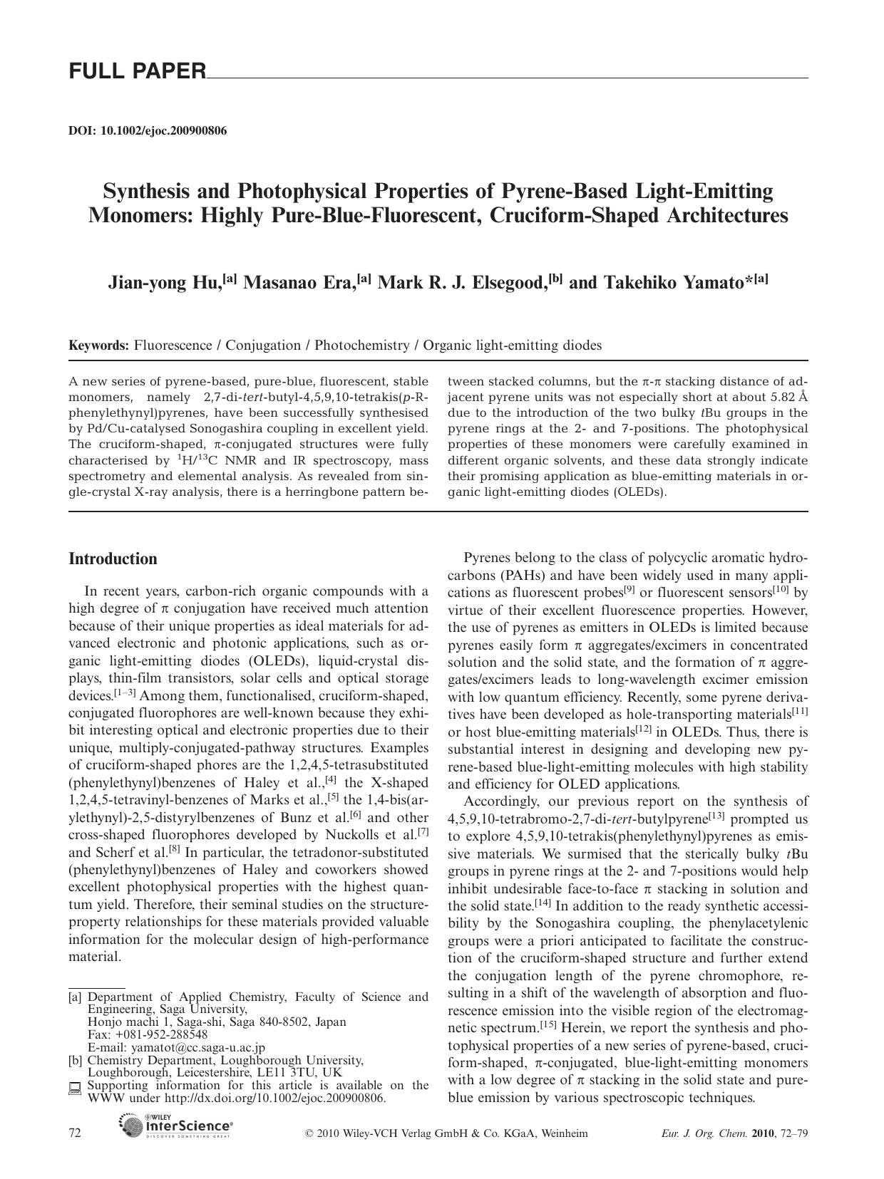 Synthesis and Photophysical Properties of Pyrene-Based Light-Emitting Monomers: Highly Pure-Blue-Fluorescent, Cruciform-Shaped Architectures by Unknown