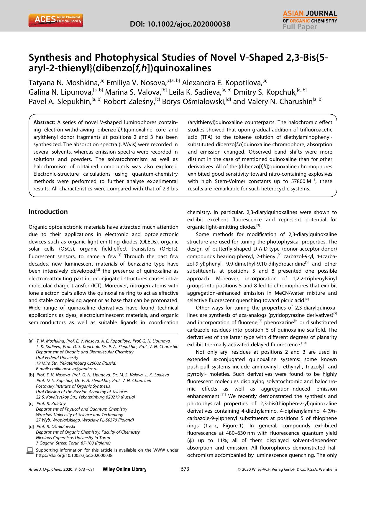 Synthesis and Photophysical Studies of Novel VâShaped 2,3âBis{5âarylâ2âthienyl}(dibenzo[f,h])quinoxalines by Unknown