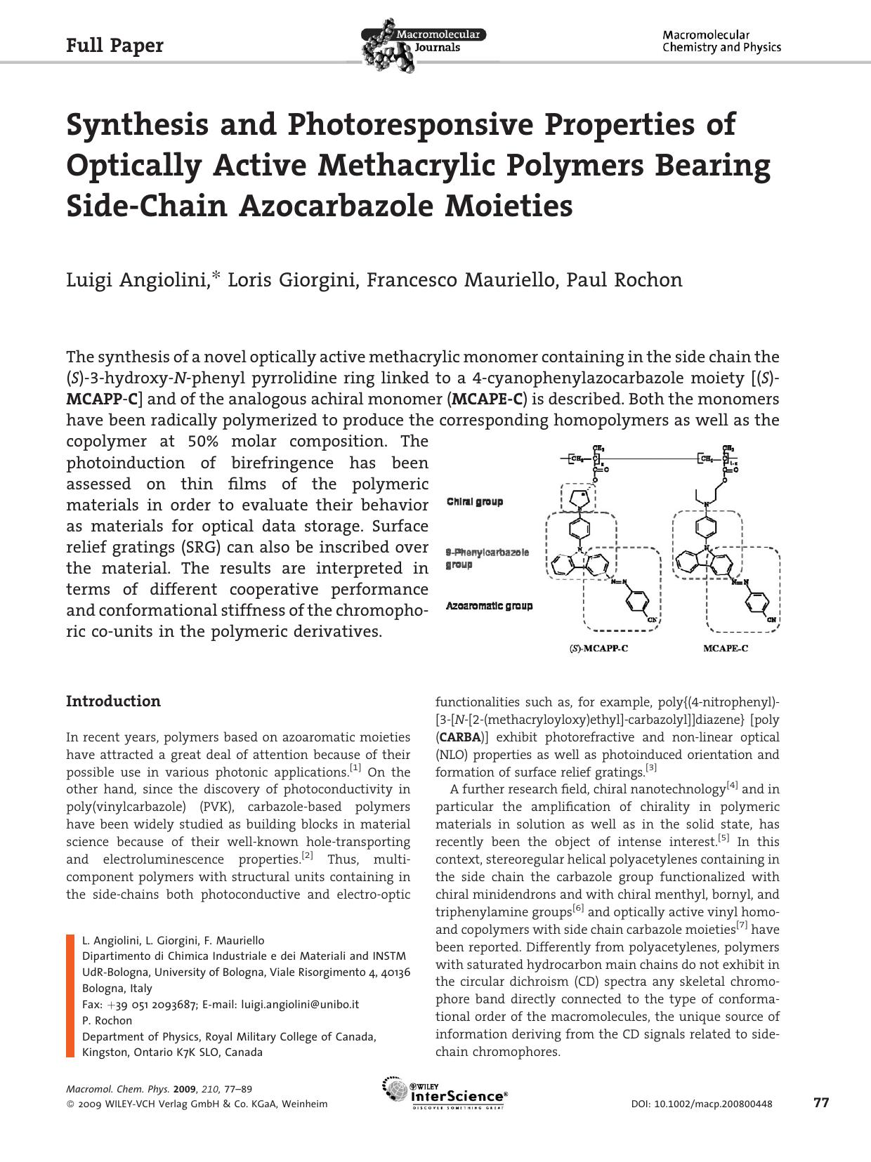 Synthesis and Photoresponsive Properties of Optically Active Methacrylic Polymers Bearing Side-Chain Azocarbazole Moieties by Unknown
