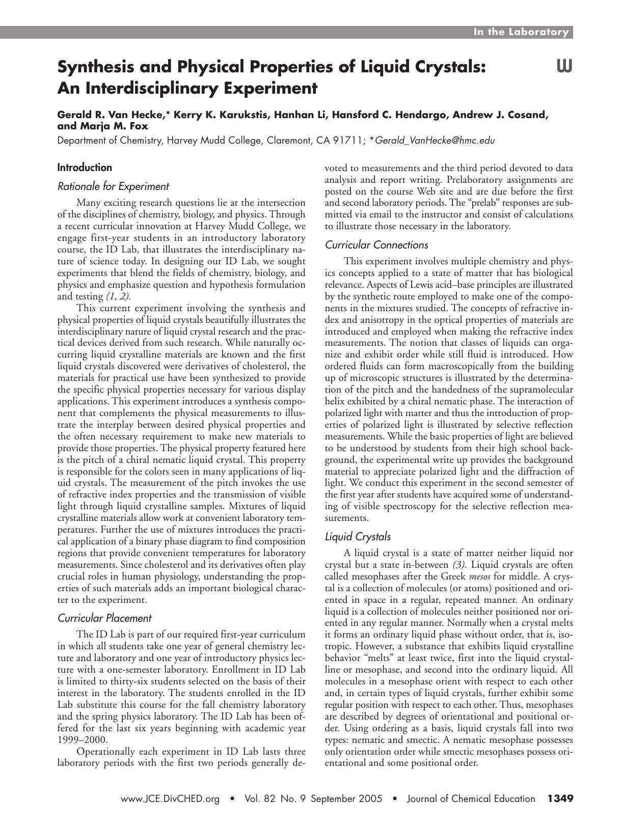 Synthesis and Physical Properties of Liquid Crystals: An Interdisciplinary Experiment by unknow