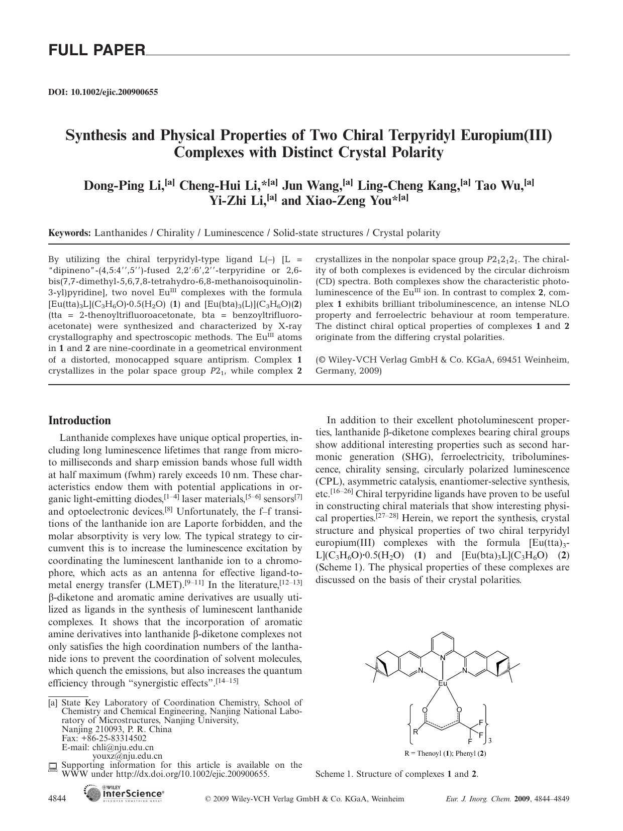 Synthesis and Physical Properties of Two Chiral Terpyridyl Europium(III) Complexes with Distinct Crystal Polarity by Unknown