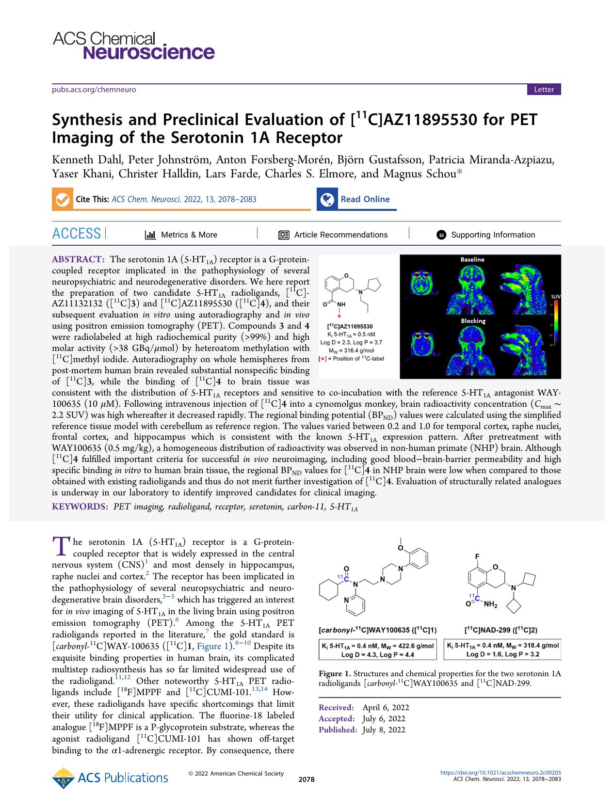 Synthesis and Preclinical Evaluation of [11C]AZ11895530 for PET Imaging of the Serotonin 1A Receptor by unknow