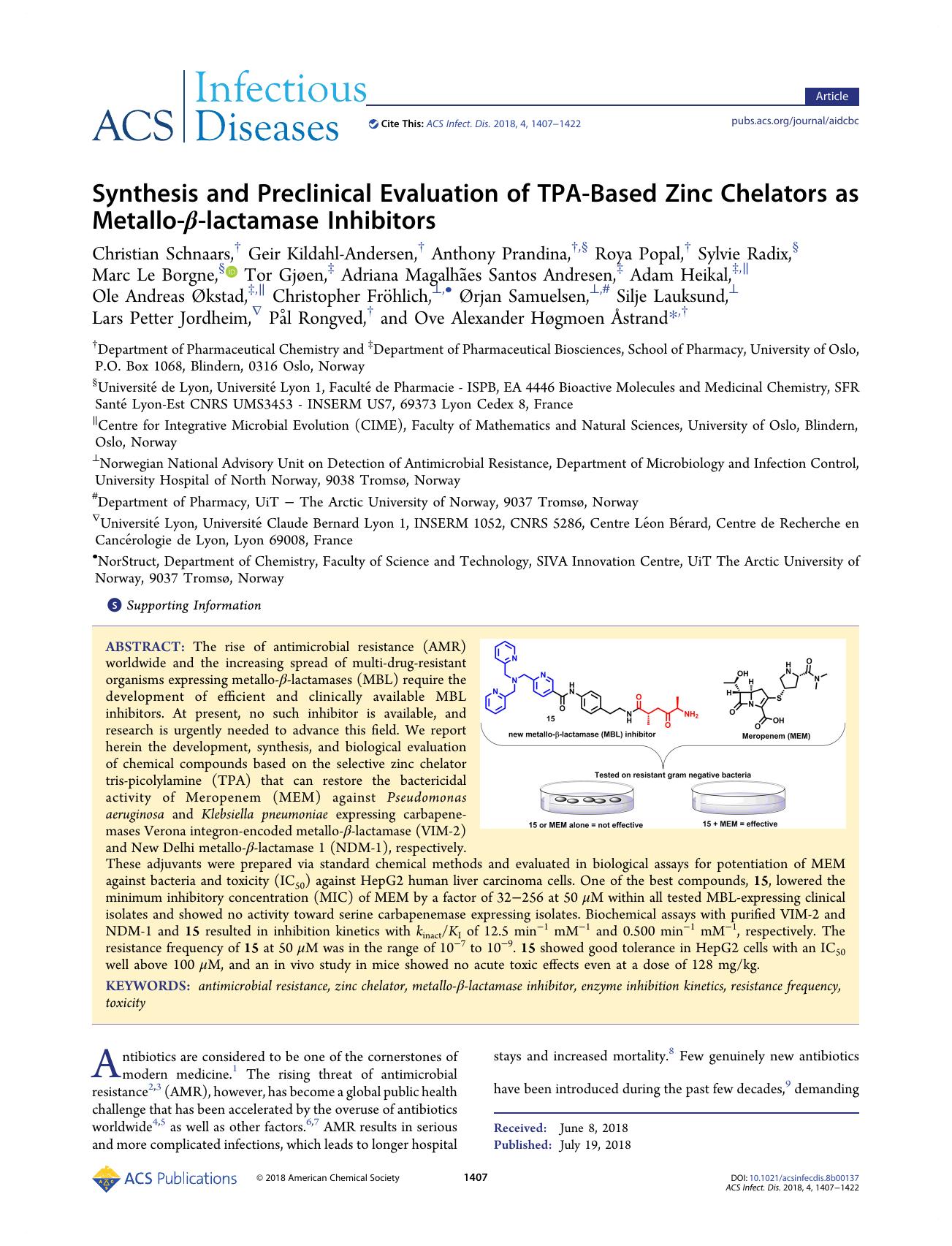 Synthesis and Preclinical Evaluation of TPA-Based Zinc Chelators as Metallo-Î²-lactamase Inhibitors by unknow