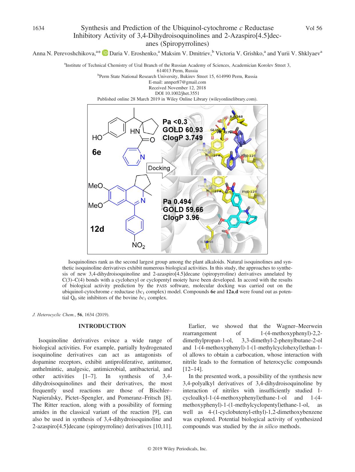 Synthesis and Prediction of the Ubiquinol-cytochrome c Reductase Inhibitory Activity of 3,4-Dihydroisoquinolines and 2-Azaspiro[4.5]decanes (Spiropyrrolines) by unknow