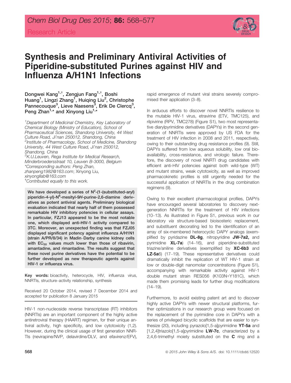 Synthesis and Preliminary Antiviral Activities of Piperidine‐substituted Purines against HIV and Influenza A/H1N1 Infections by unknow
