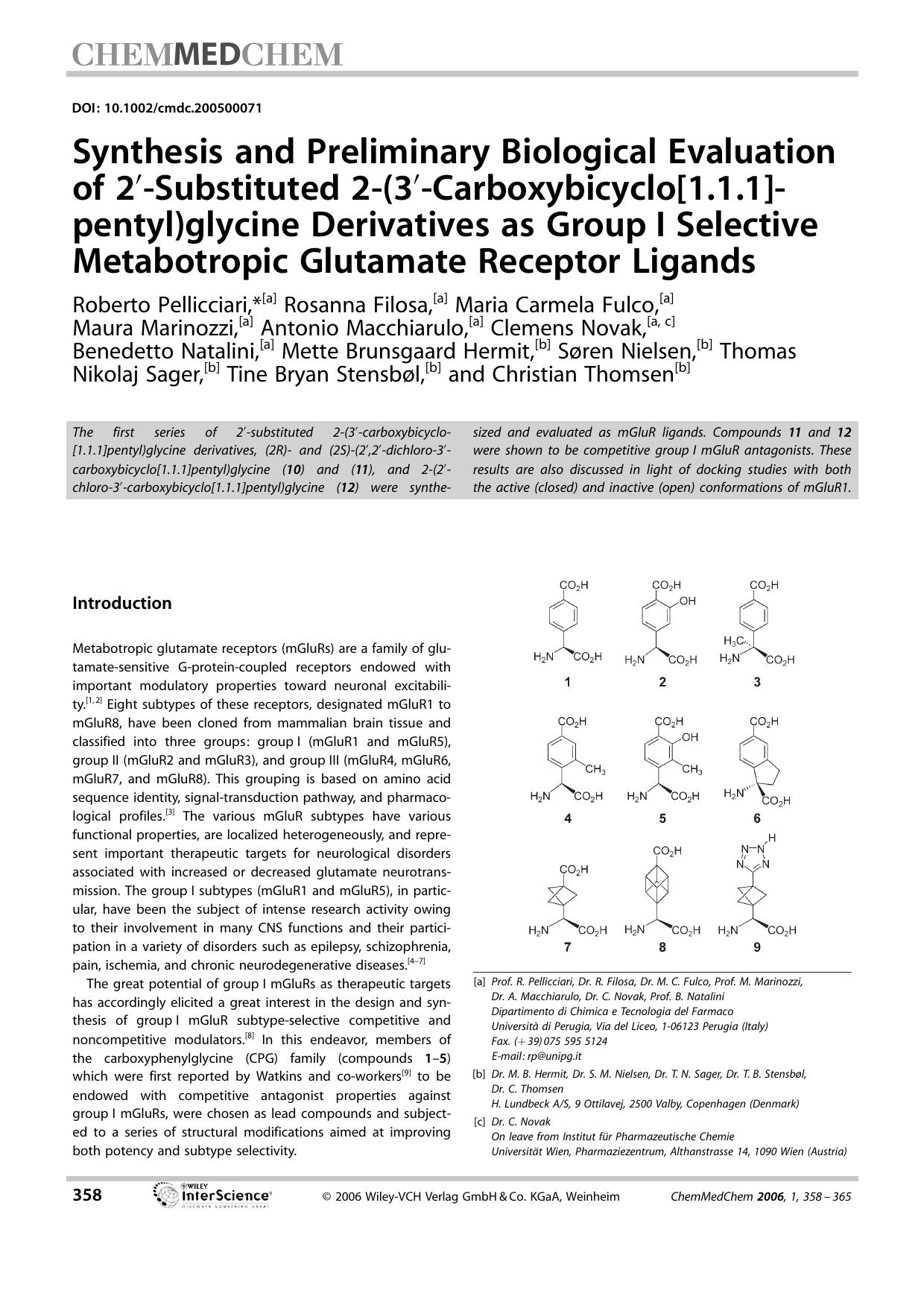 Synthesis and Preliminary Biological Evaluation of 2[prime]-Substituted 2-(3[prime]-Carboxybicyclo[1.1.1]pentyl)glycine Derivatives as Group[emsp14]I Selective Metabotropic Glutamate Receptor Ligands by Unknown