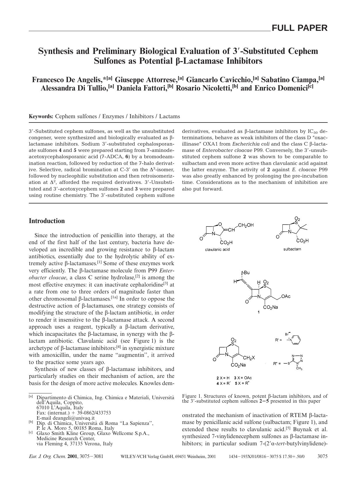 Synthesis and Preliminary Biological Evaluation of 3[prime]-Substituted Cephem Sulfones as Potential [bgr]-Lactamase Inhibitors by Unknown