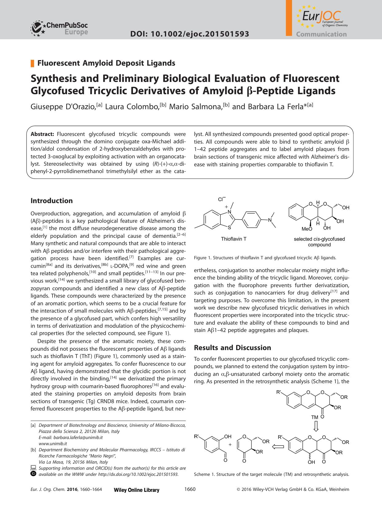 Synthesis and Preliminary Biological Evaluation of Fluorescent Glycofused Tricyclic Derivatives of Amyloid Peptide Ligands by Unknown