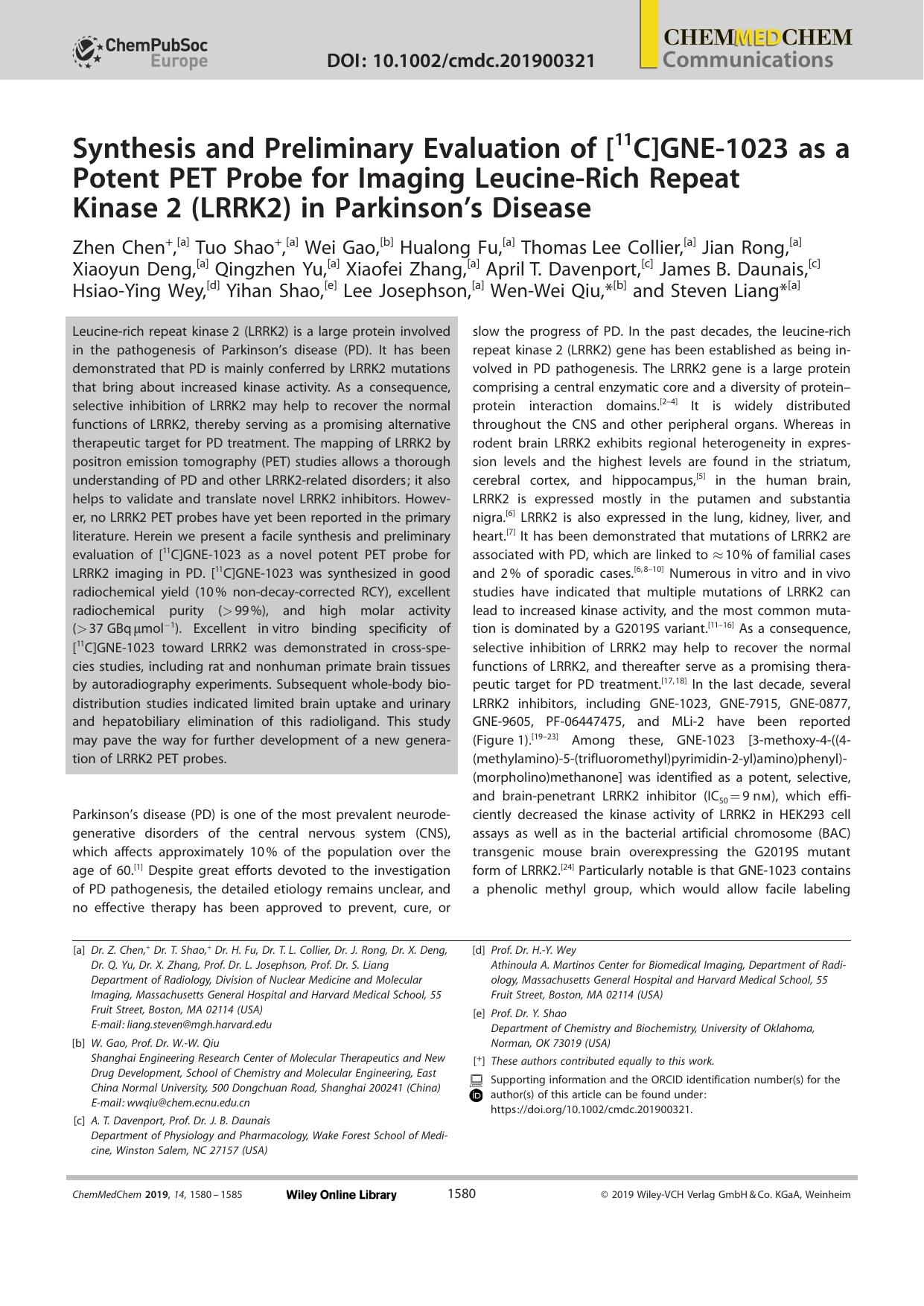 Synthesis and Preliminary Evaluation of [11C]GNEâ1023 as a Potent PET Probe for Imaging LeucineâRich Repeat Kinaseâ2 (LRRK2) in Parkinson's Disease by Unknown