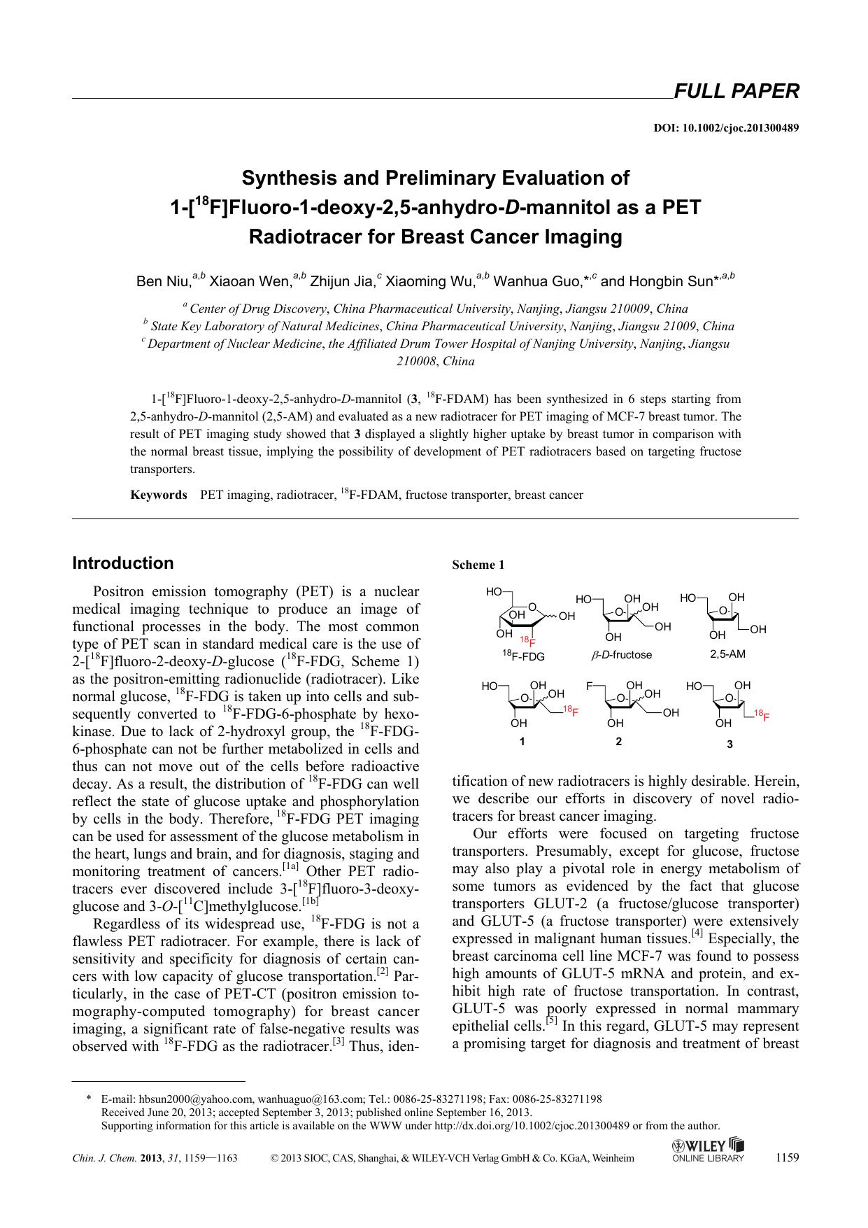 Synthesis and Preliminary Evaluation of 1[18F]Fluoro1deoxy2,5anhydroDmannitol as a PET Radiotracer for Breast Cancer Imaging by Administrator