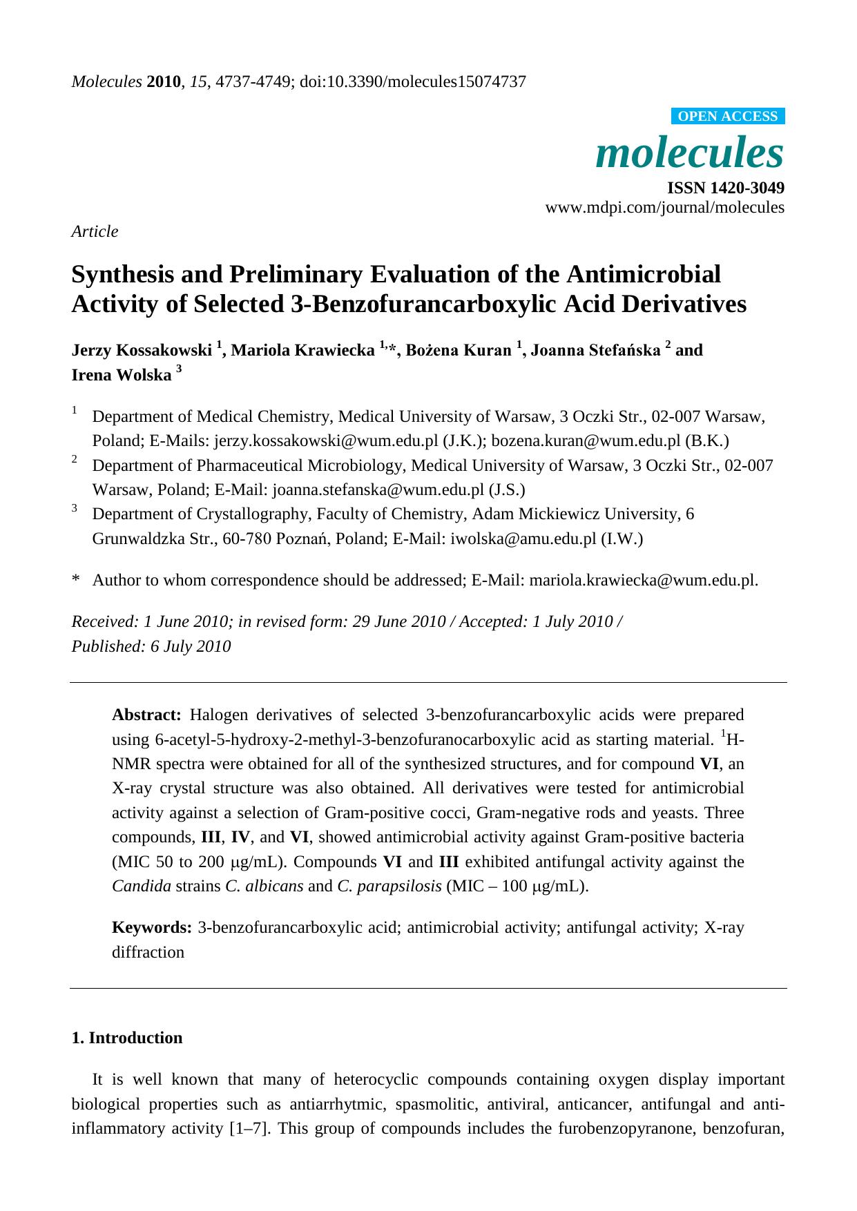Synthesis and Preliminary Evaluation of the Antimicrobial Activity of Selected 3-Benzofurancarboxylic Acid Derivatives by Jerzy Kossakowski & Mariola Krawiecka & Bożena Kuran & Joanna Stefańska and Irena Wolska