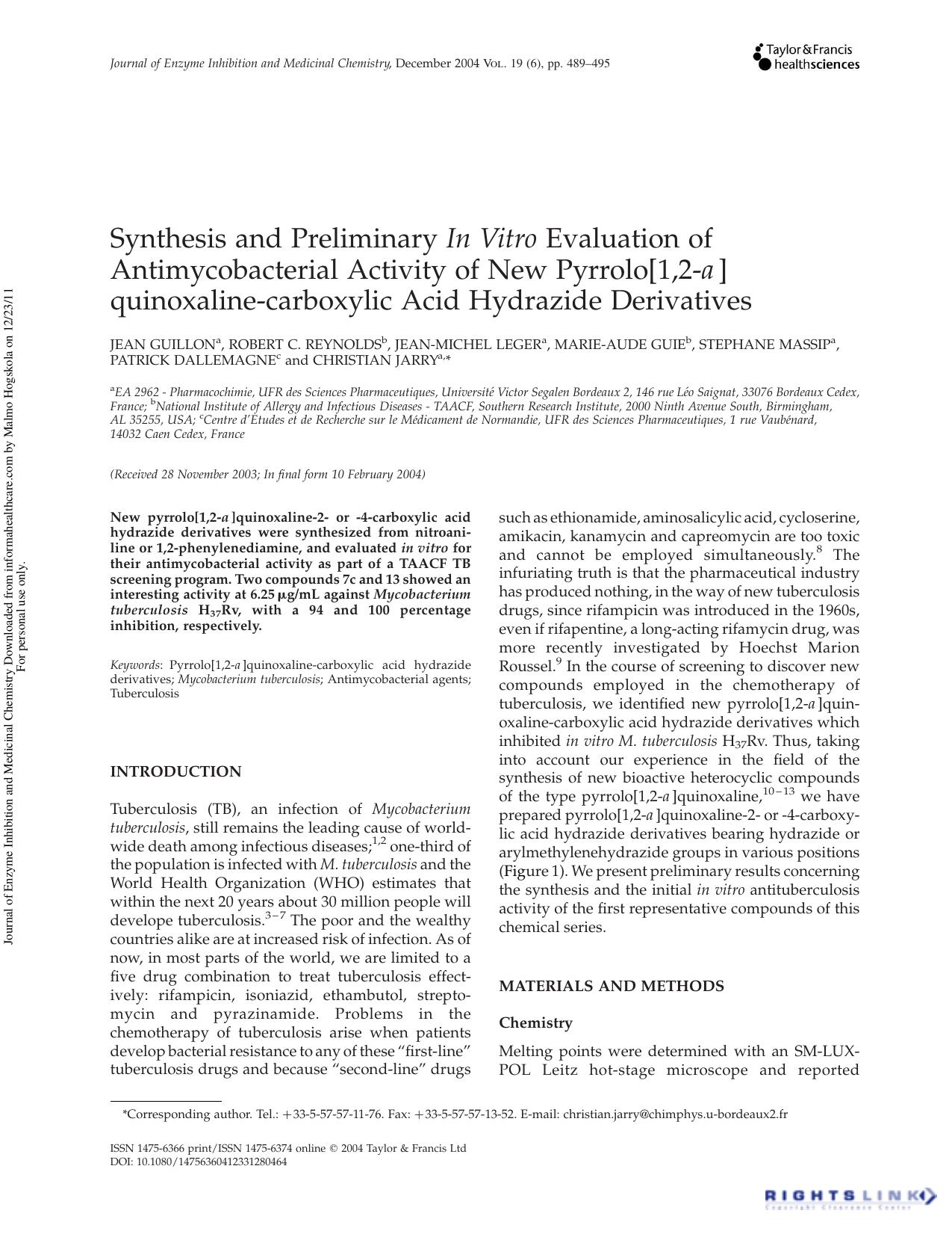 Synthesis and PreliminaryIn Vitro Evaluation of Antimycobacterial Activity of New Pyrrolo[1,2-a]quinoxaline-carboxylic Acid Hydrazide Derivatives by unknow