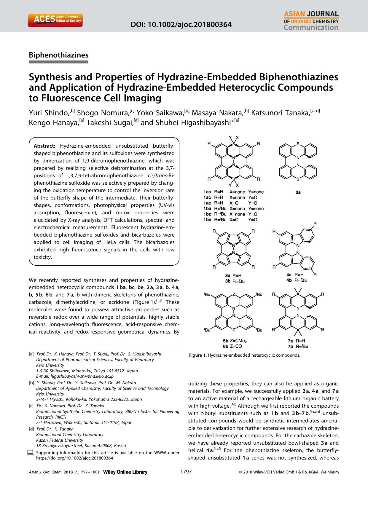 Synthesis and Properties of HydrazineâEmbedded Biphenothiazines and Application of HydrazineâEmbedded Heterocyclic Compounds to Fluorescence Cell Imaging by Unknown